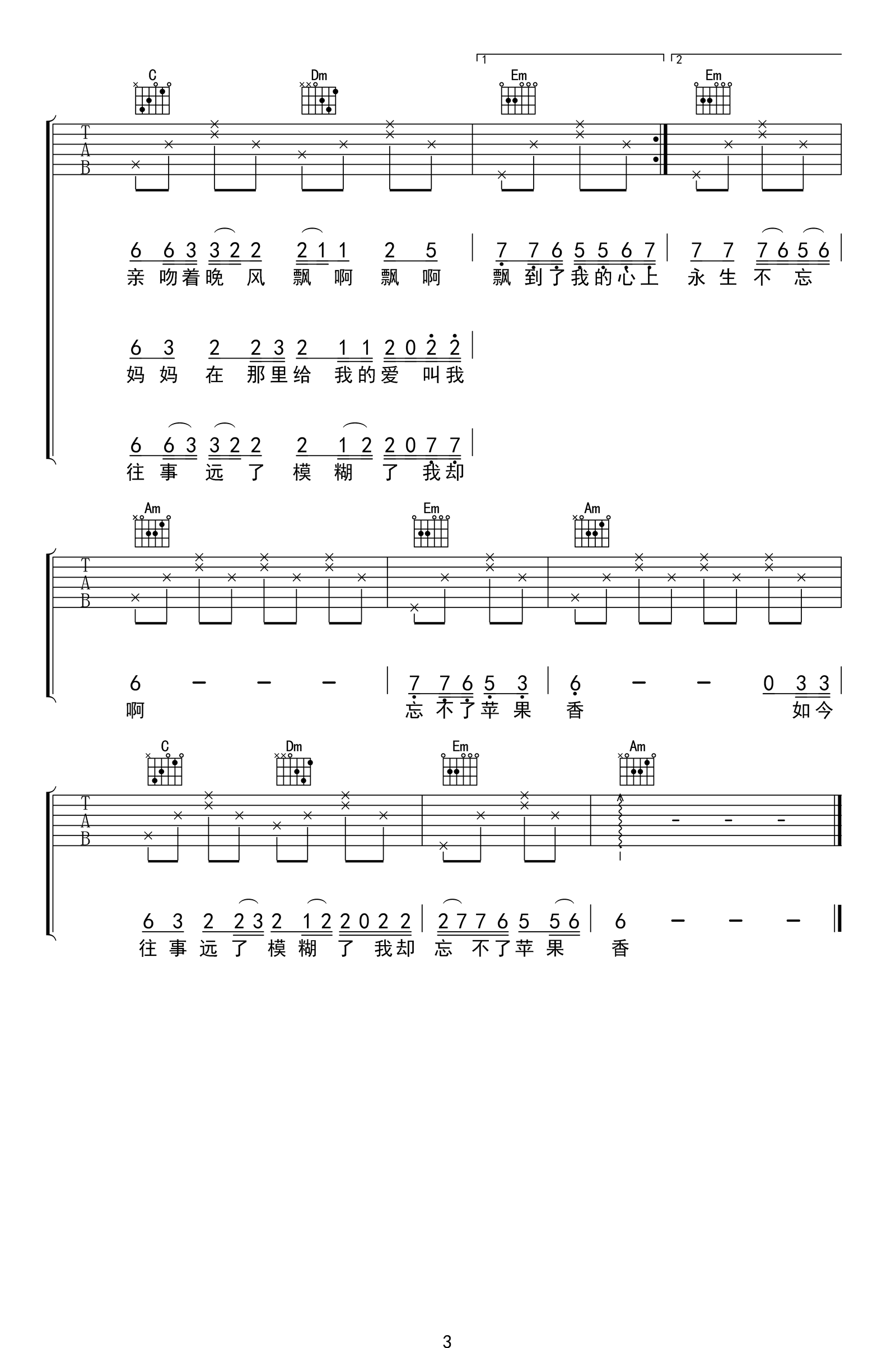 苹果香吉他谱3-狼戈-C调指法