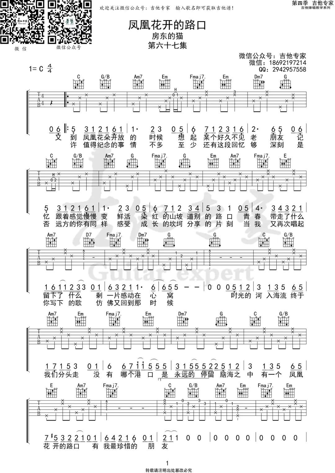 凤凰花开的路口吉他谱1-房东的猫-C调指法