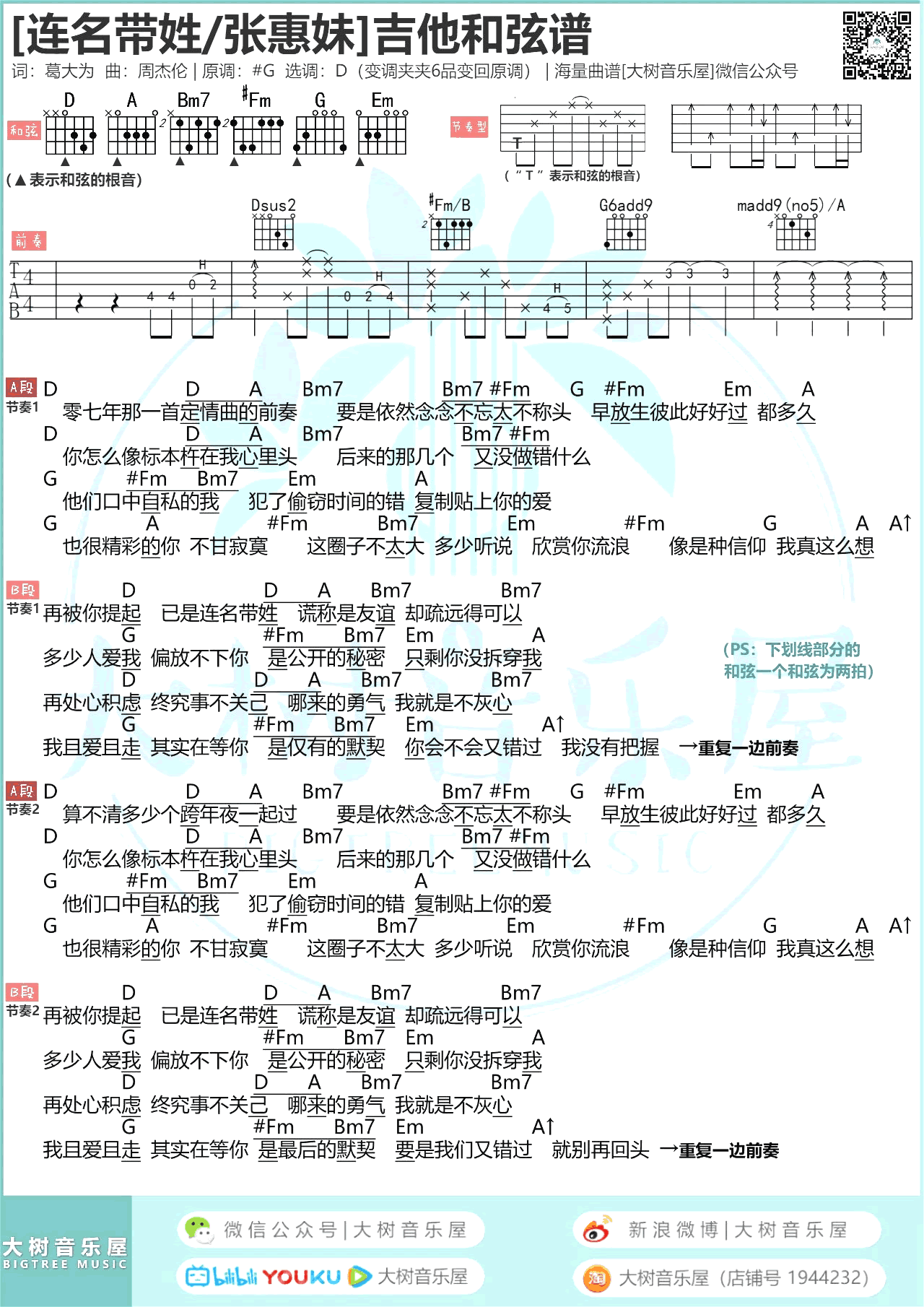 连名带姓吉他谱-张惠妹-D调指法