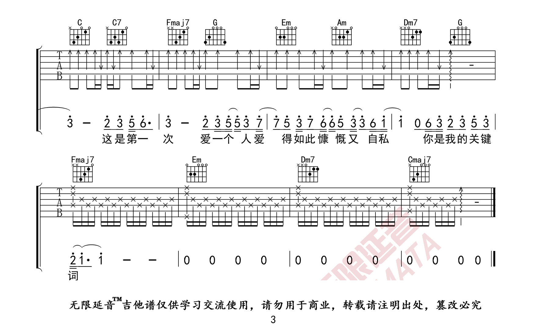 关键词吉他谱3-林俊杰-C调指法