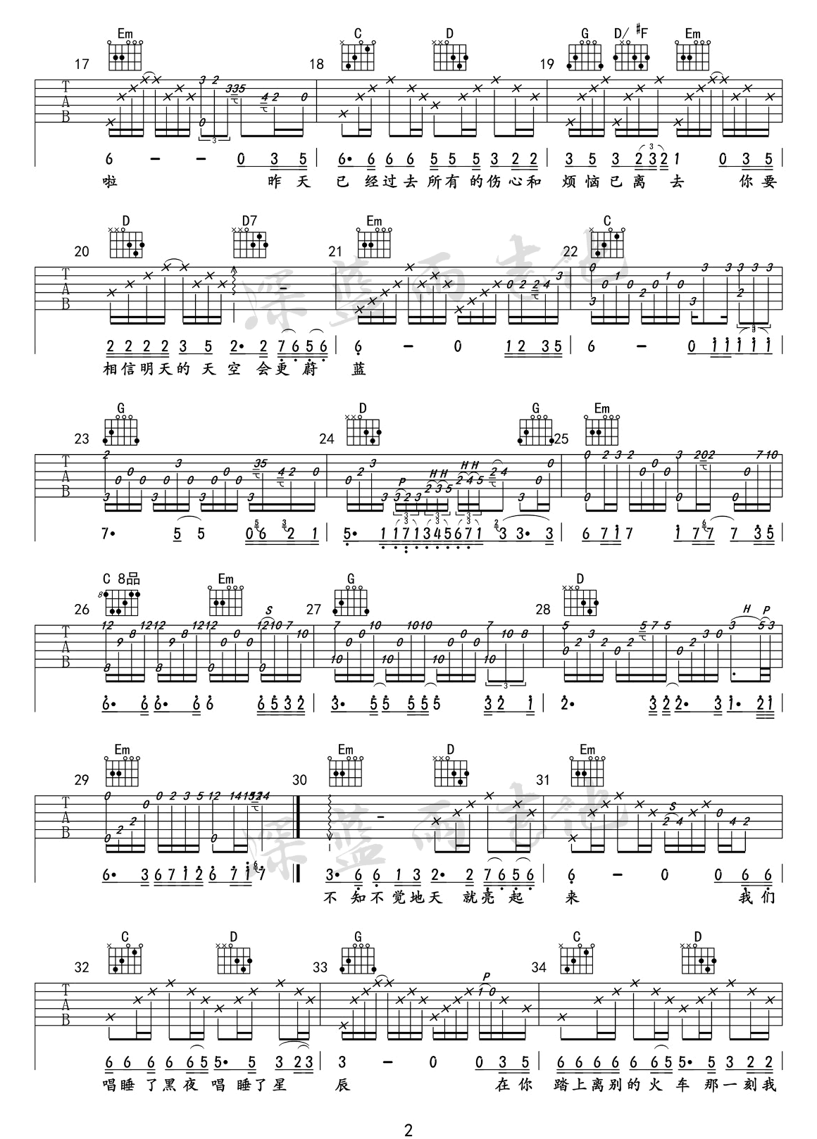 别知己吉他谱2-海来阿木-G调指法