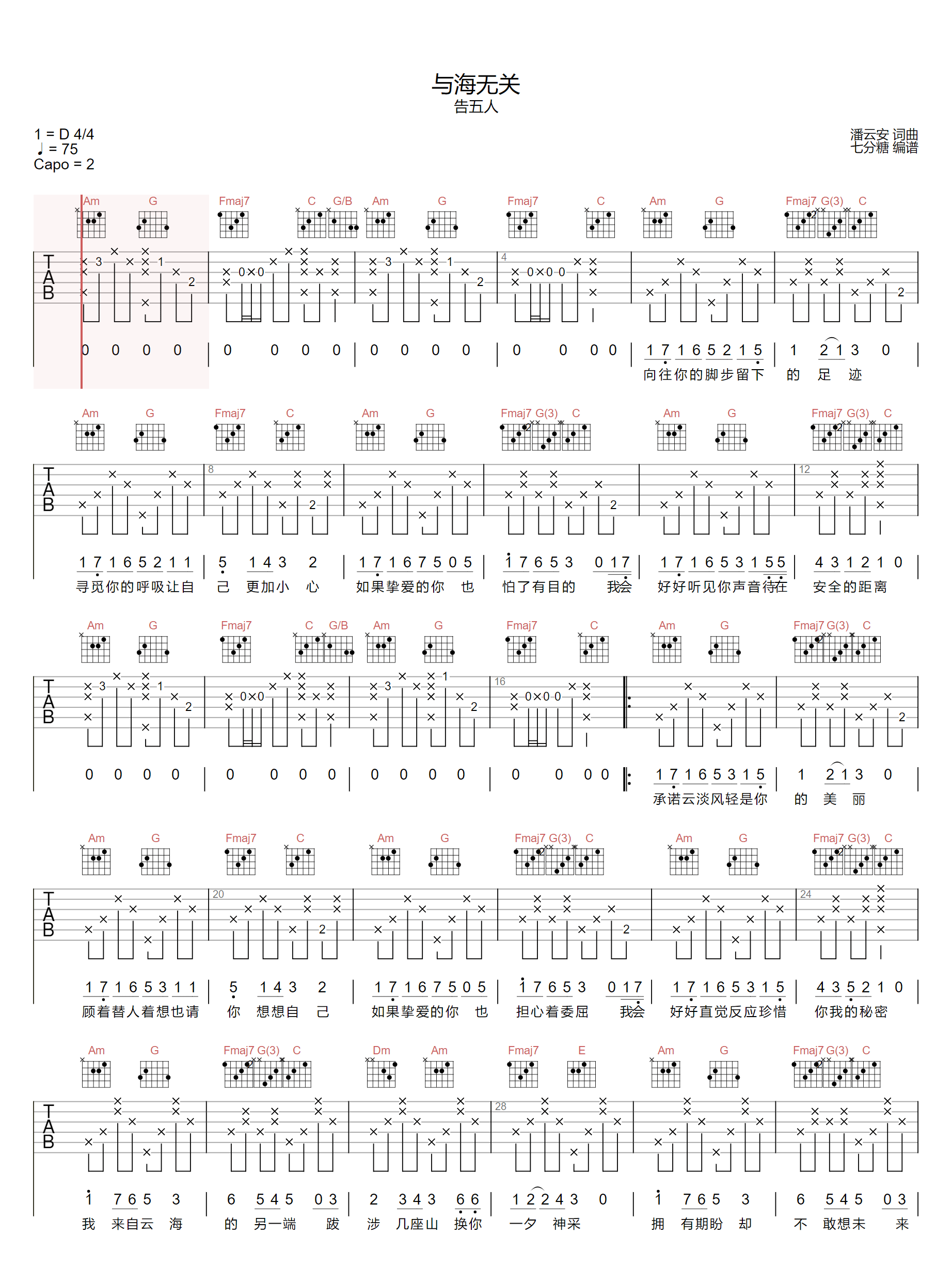 与海无关吉他谱1-告五人-C调指法