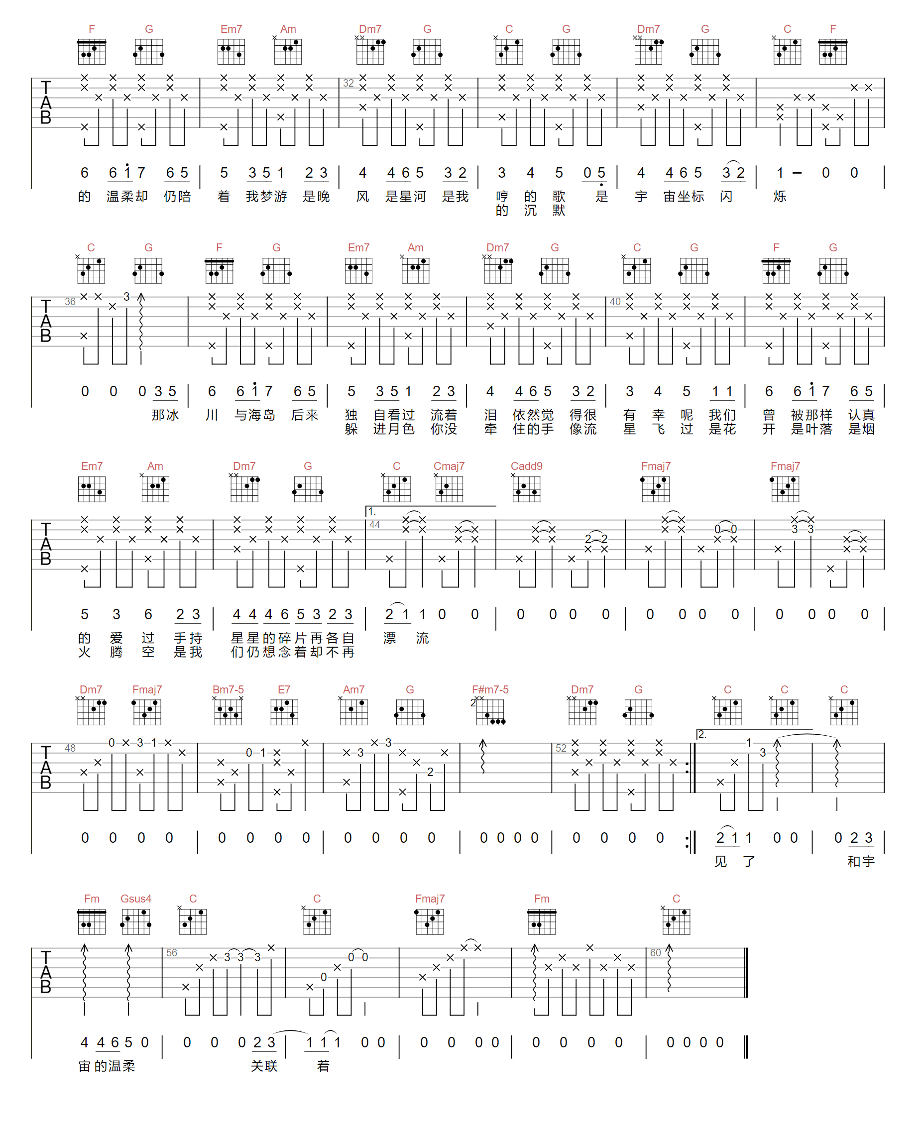 和宇宙的温柔关联吉他谱2-房东的猫-C调指法