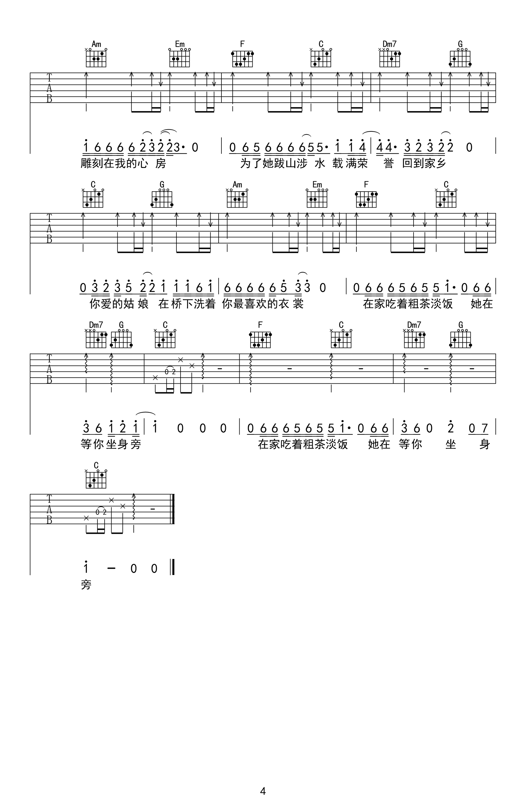 你的姑娘吉他谱4-隔壁老樊-C调指法