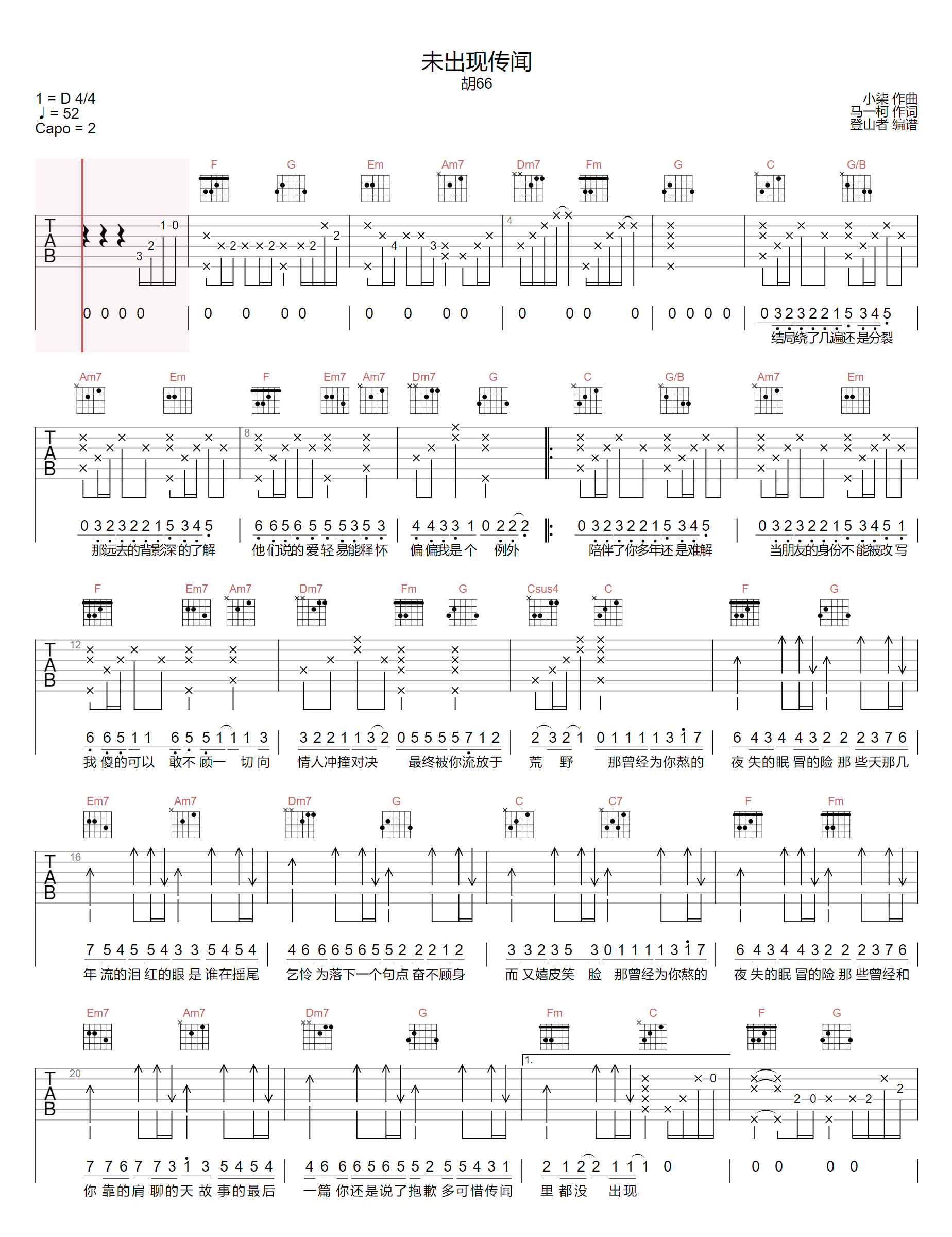 未出现传闻吉他谱1-胡66-C调指法