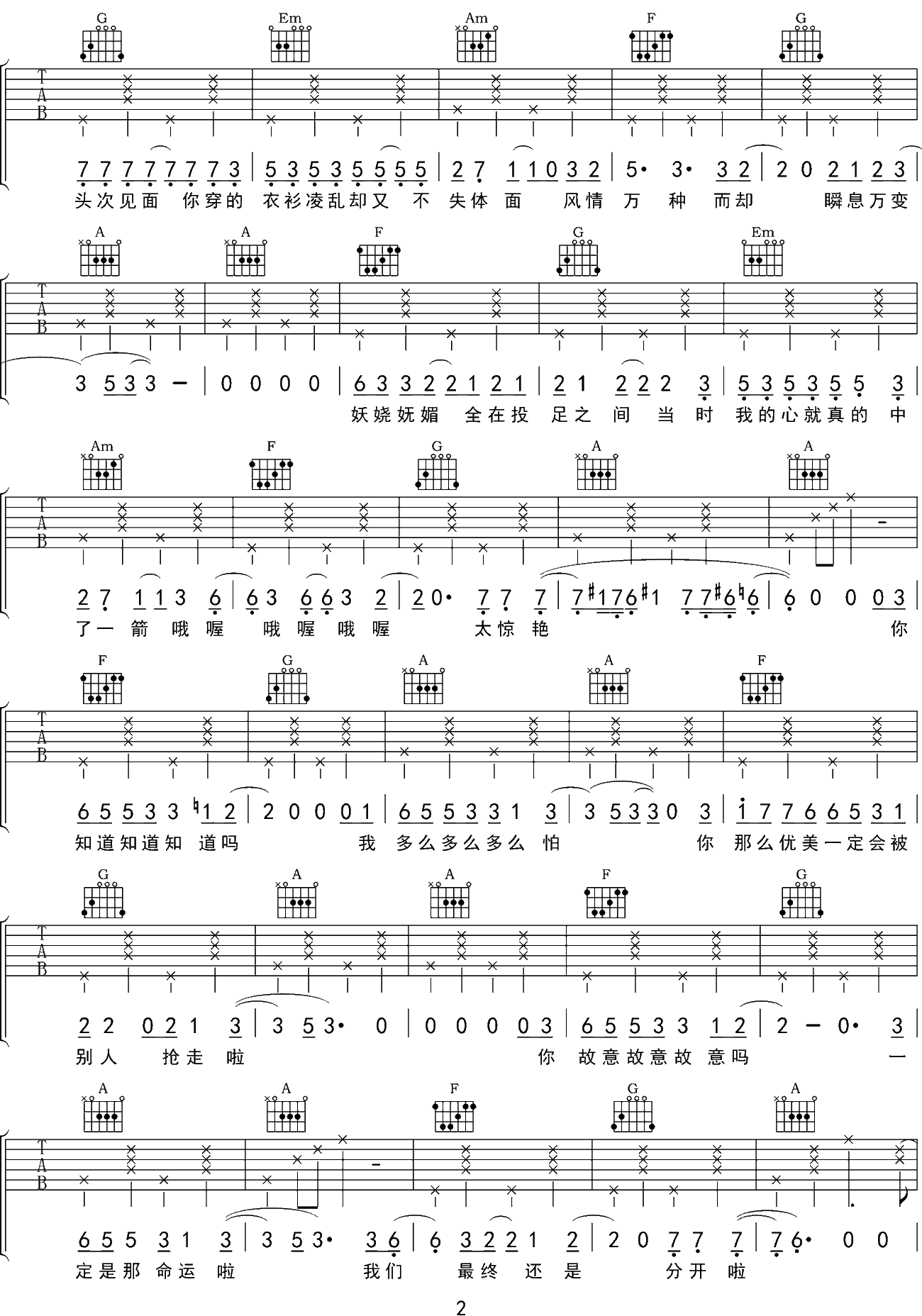 菲菲吉他谱2-沈以诚-C调指法