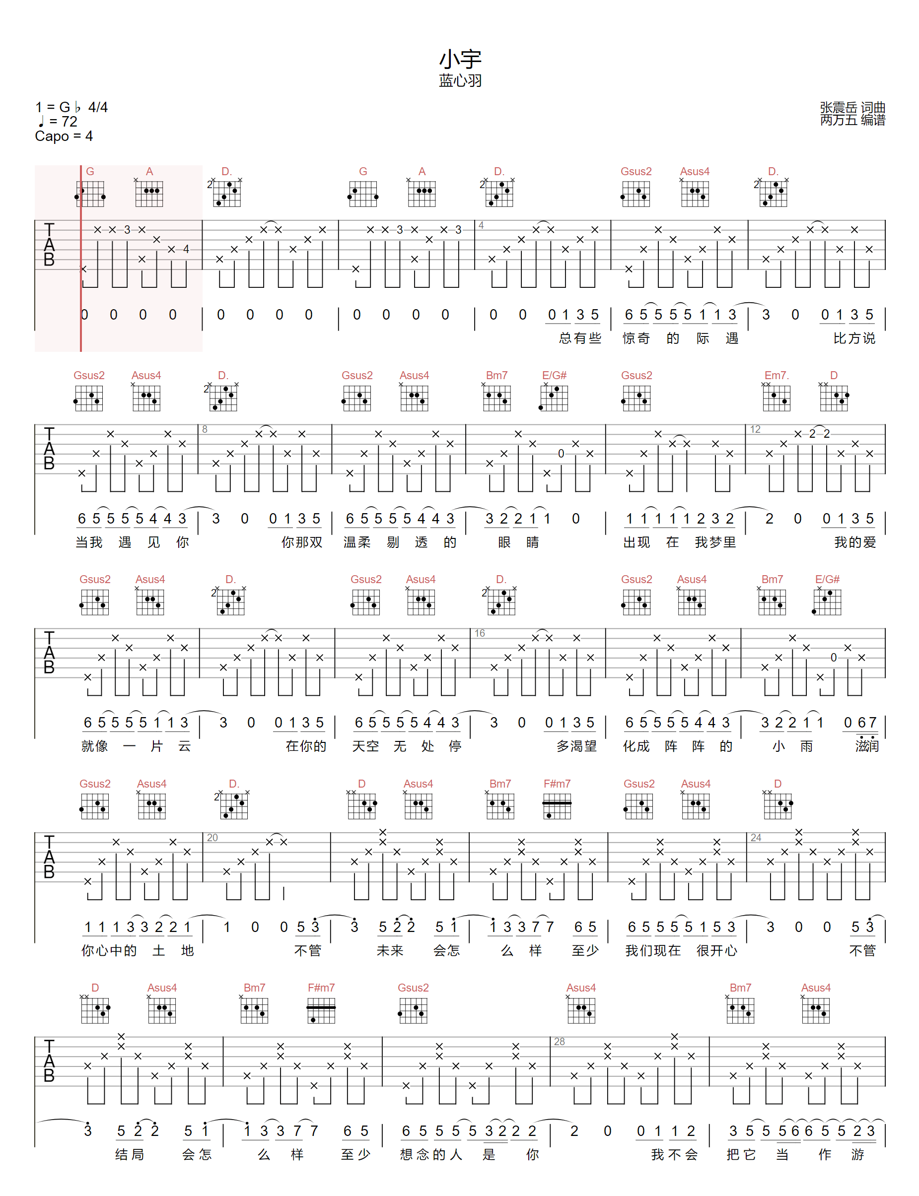 小宇吉他谱1-蓝心羽-D调指法