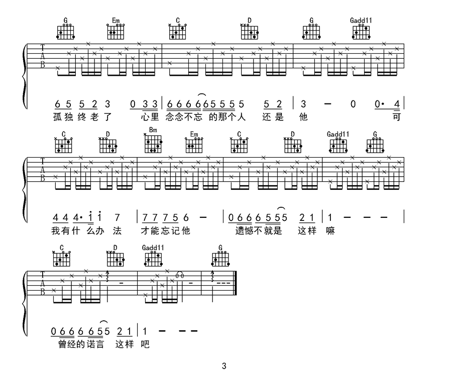遗憾吉他谱3-王佳杨-G调指法