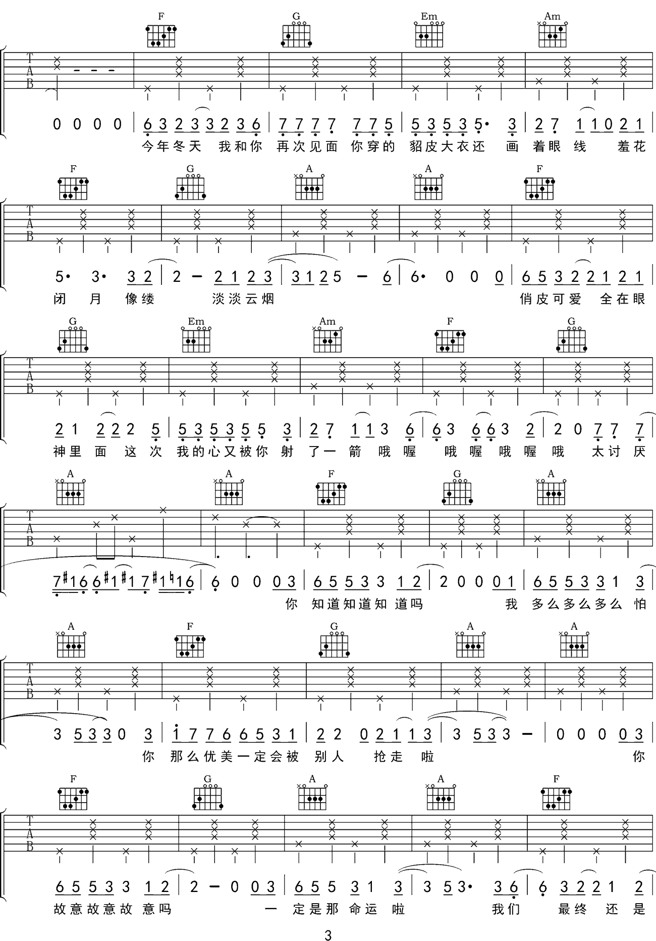 菲菲吉他谱3-沈以诚-C调指法