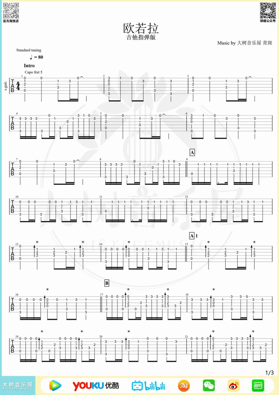 欧若拉指弹吉他谱1-张韶涵