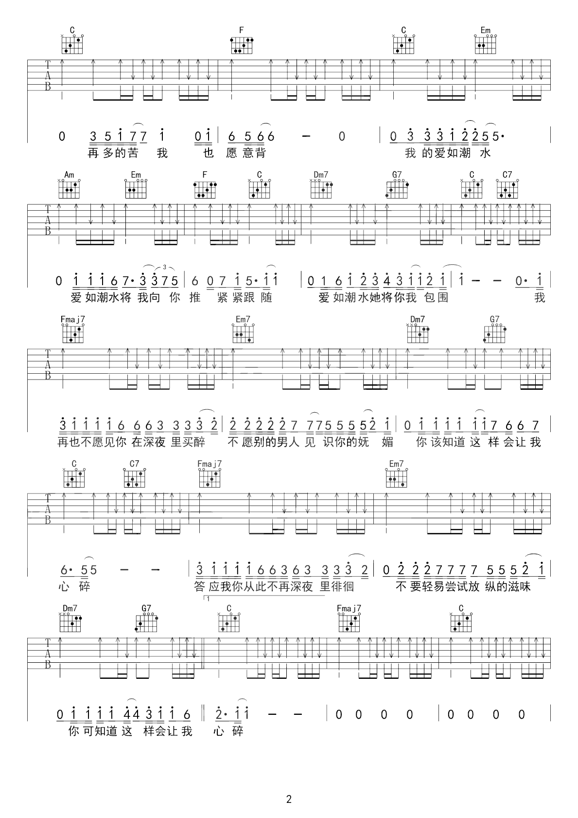 爱如潮水吉他谱2-张信哲-C调指法