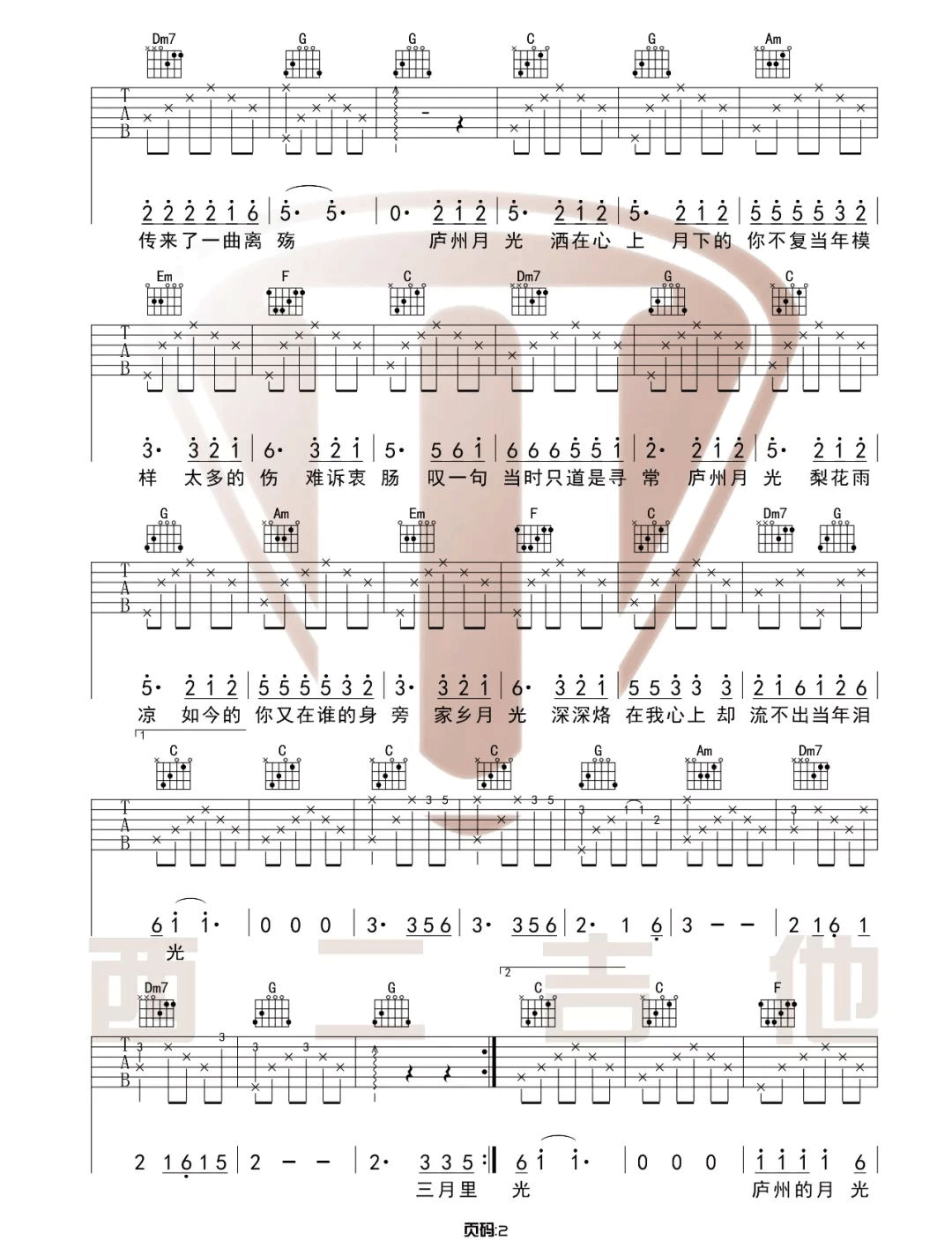 庐州月吉他谱2-许嵩-G调指法