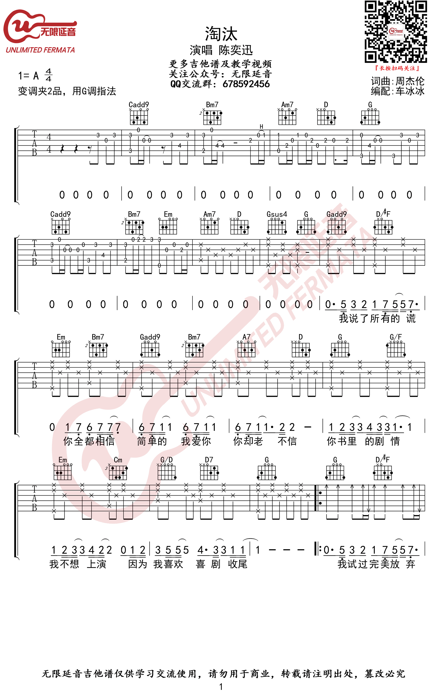 淘汰吉他谱1-陈奕迅-G调指法