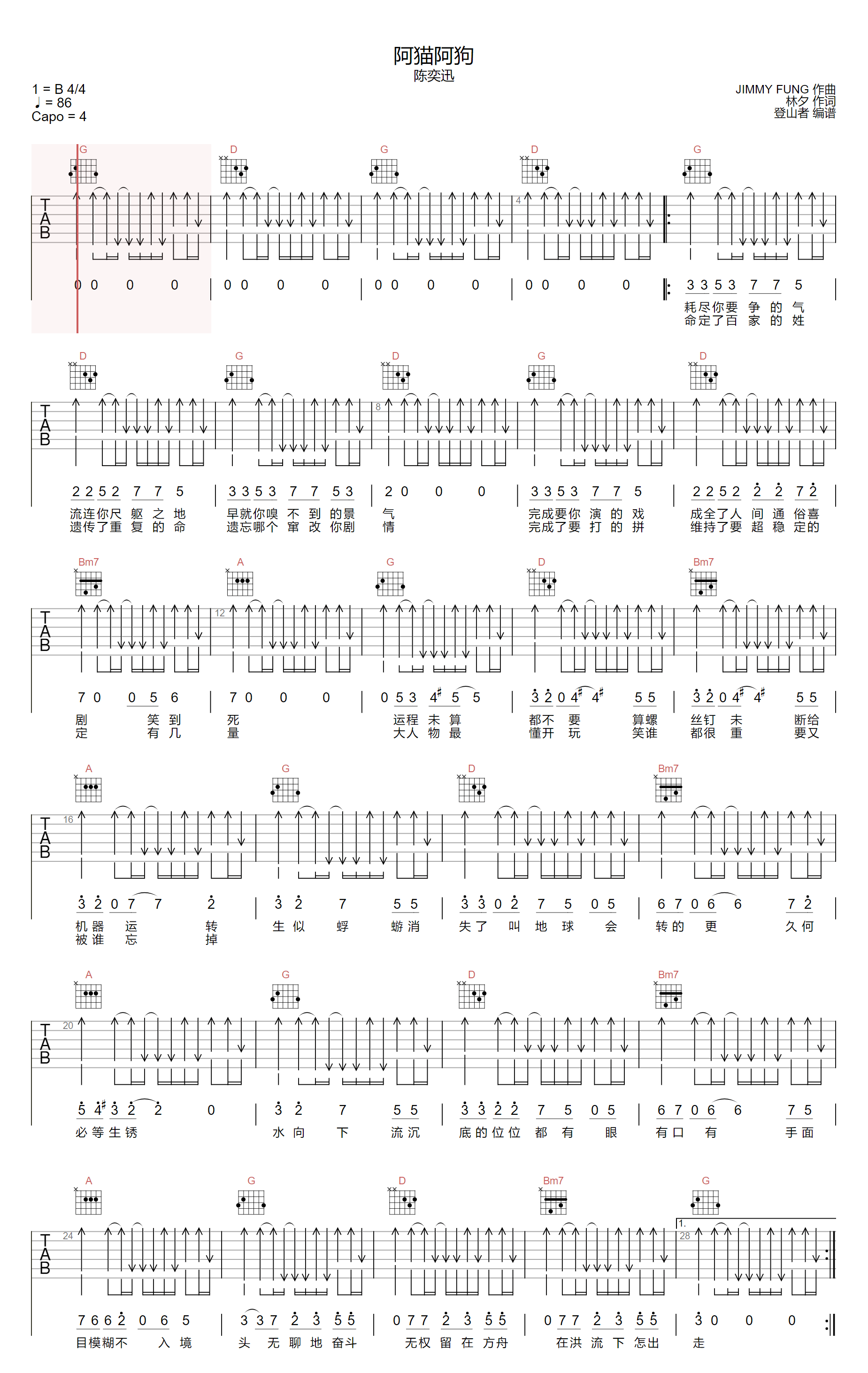 阿猫阿狗吉他谱1-陈奕迅-G调指法