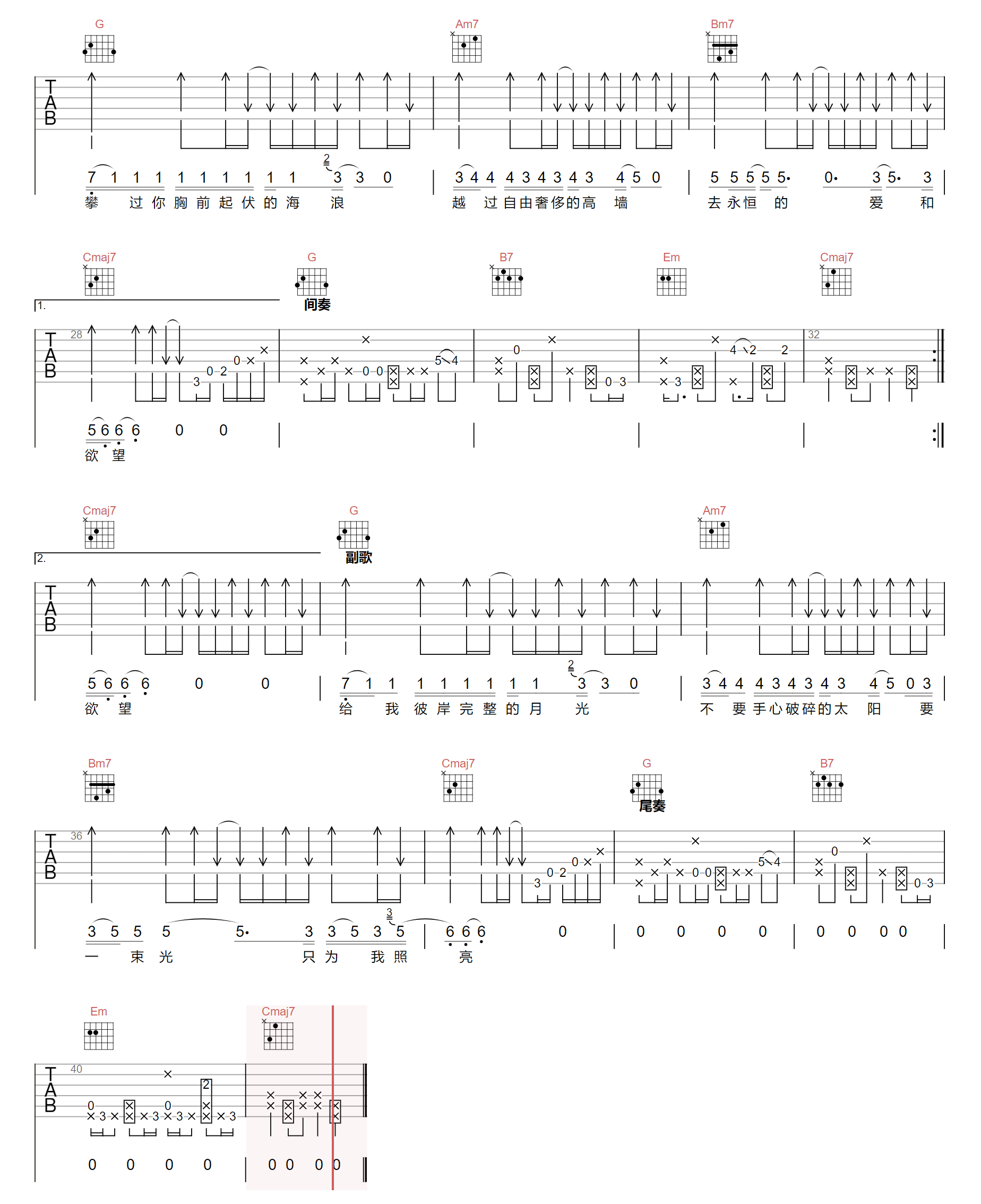 深蓝吉他谱2-陈婧霏-G调指法