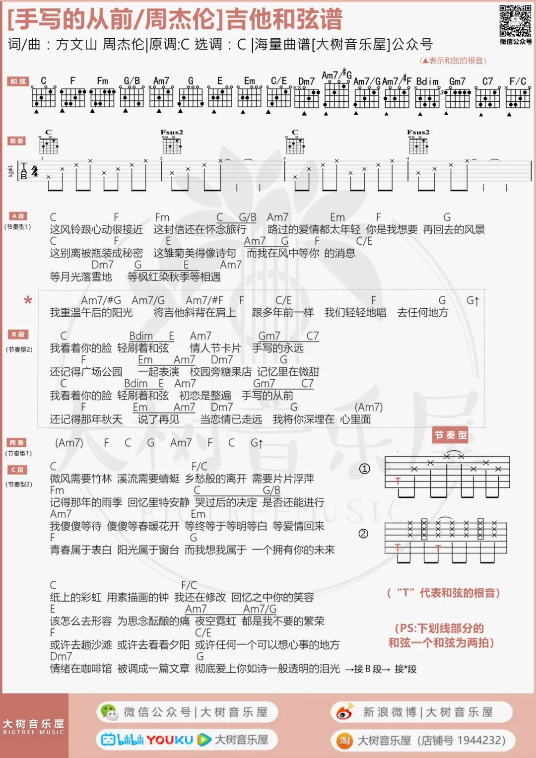 手写的从前吉他谱4-周杰伦-C调指法