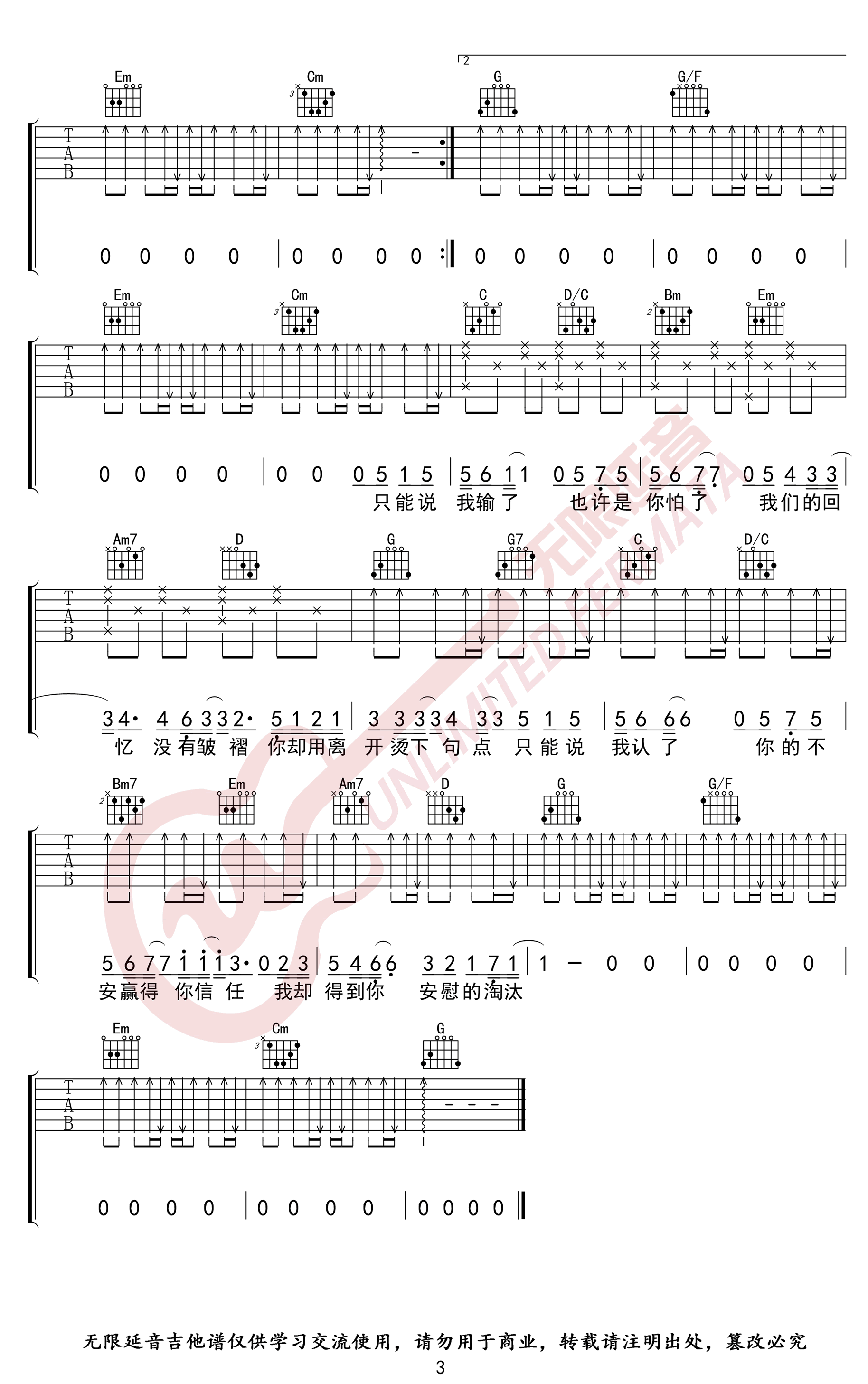 淘汰吉他谱3-陈奕迅-G调指法