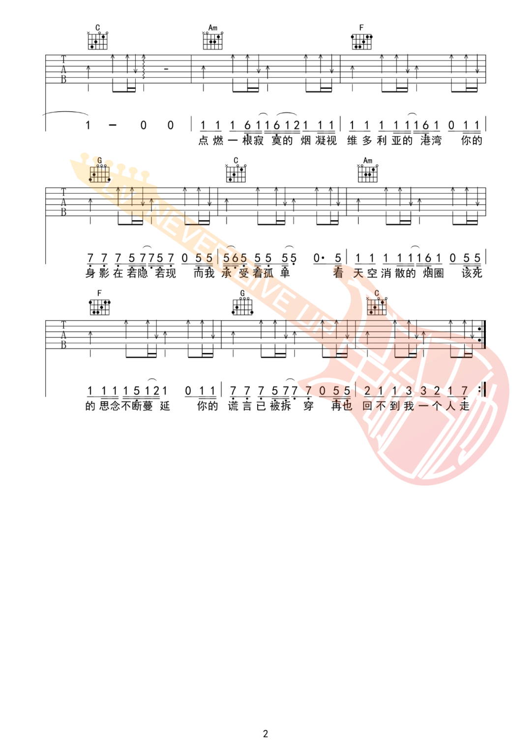 墨尔本的秋天吉他谱2-付锵锵-C调指法