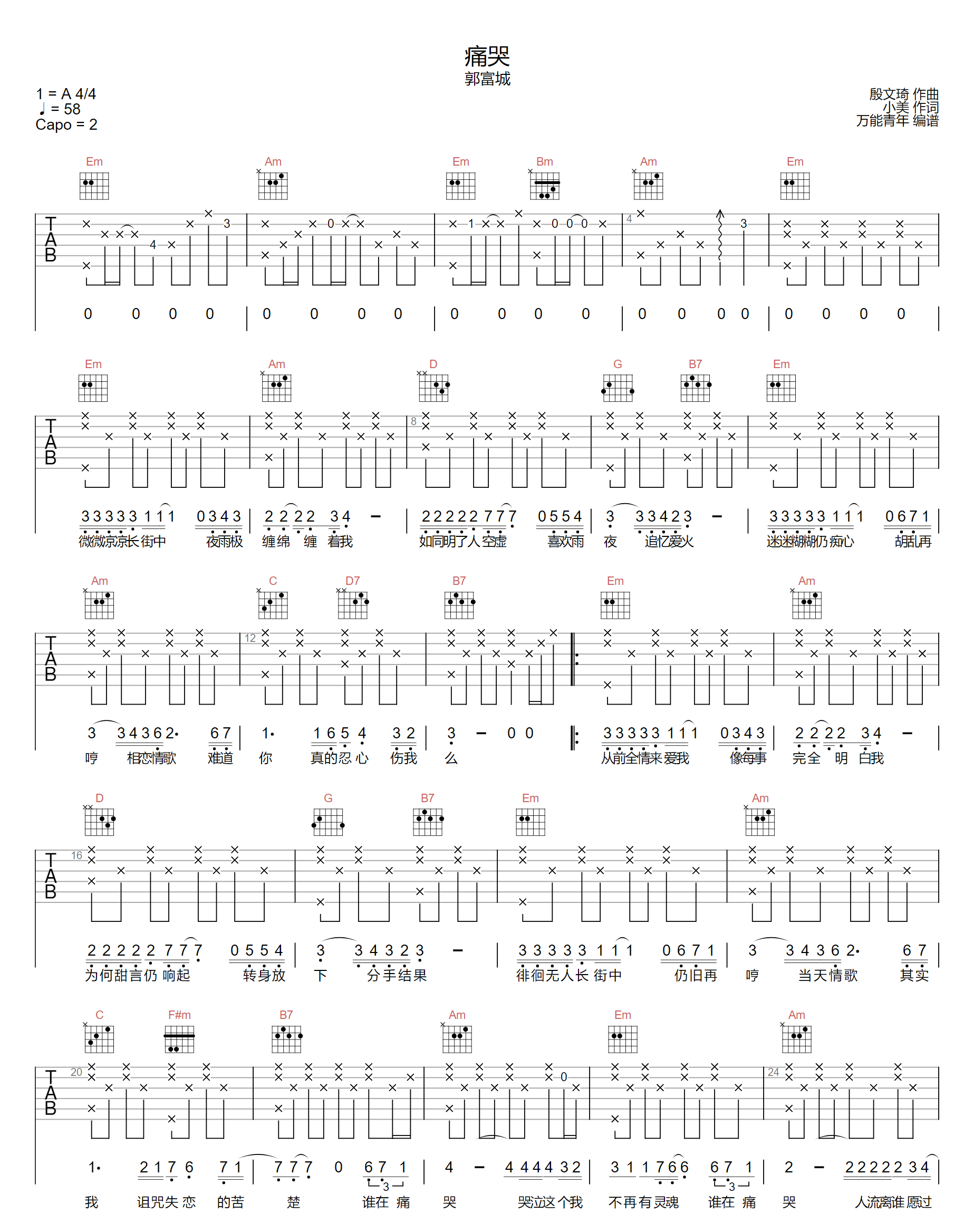 痛哭吉他谱1-郭富城-G调指法