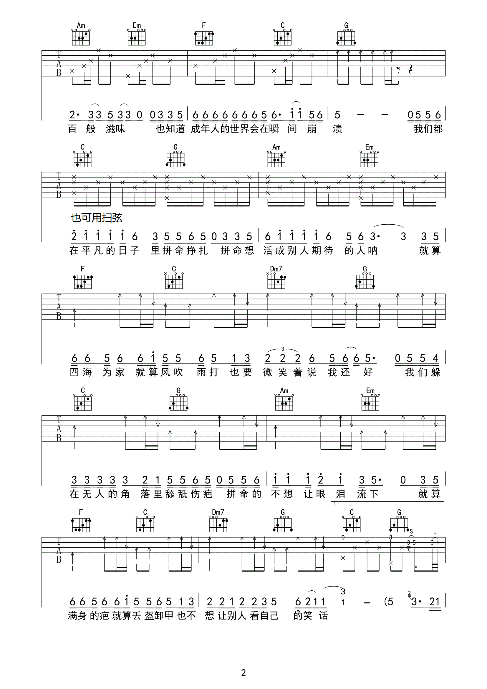 平凡日子里的挣扎吉他谱2-曾抖抖-C调指法