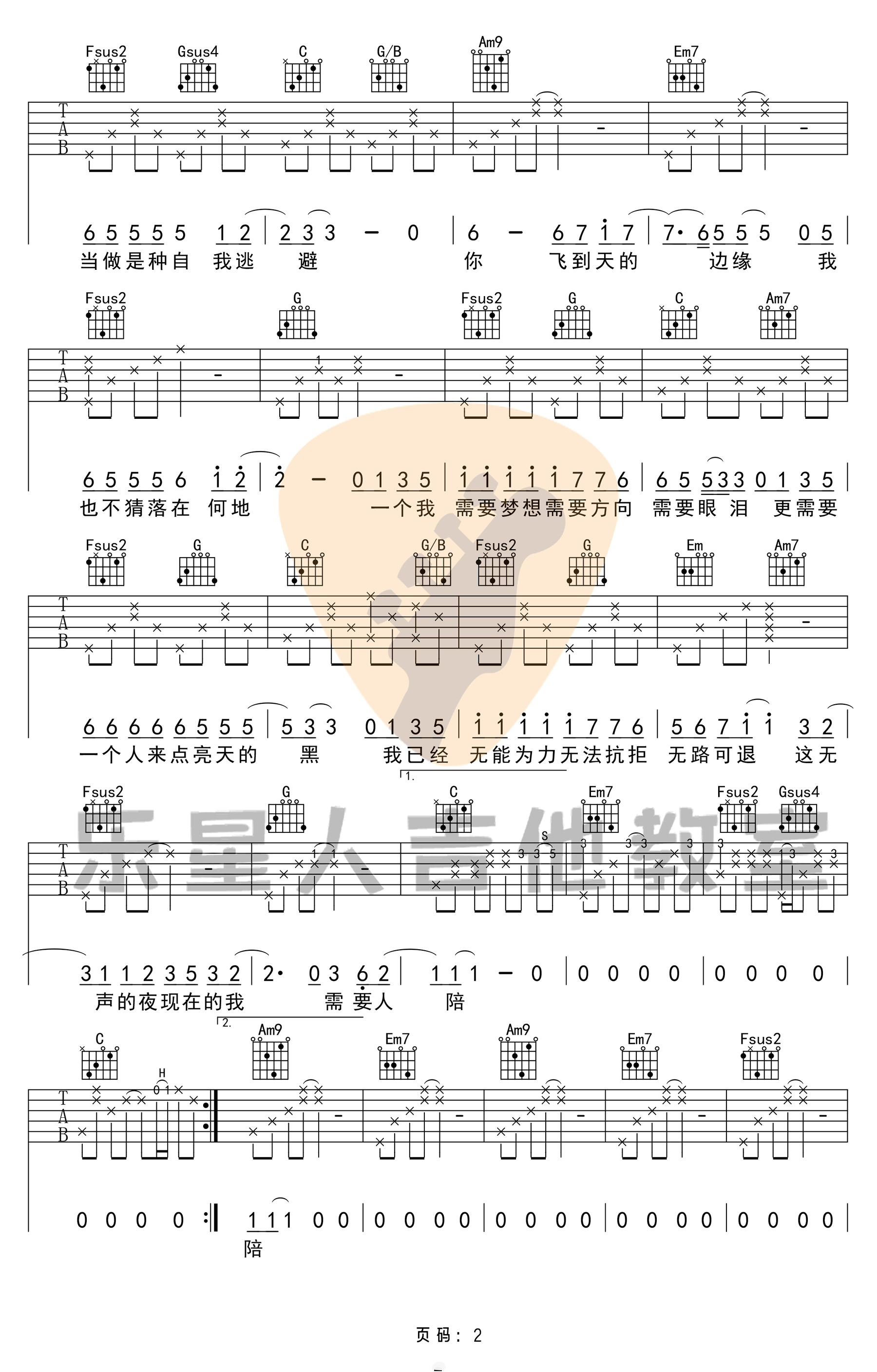 需要人陪吉他谱2-王力宏-C调指法