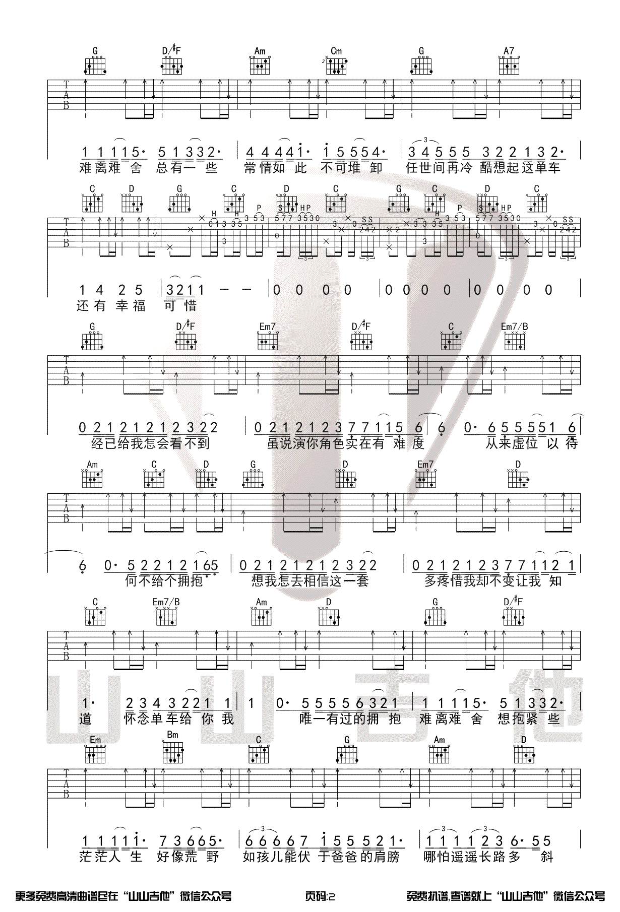 单车吉他谱2-陈奕迅-G调指法