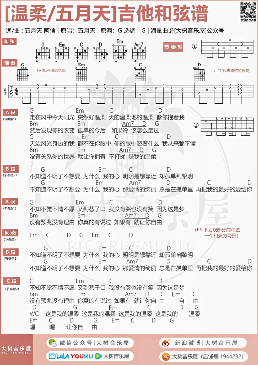 温柔吉他谱4-五月天-G调指法