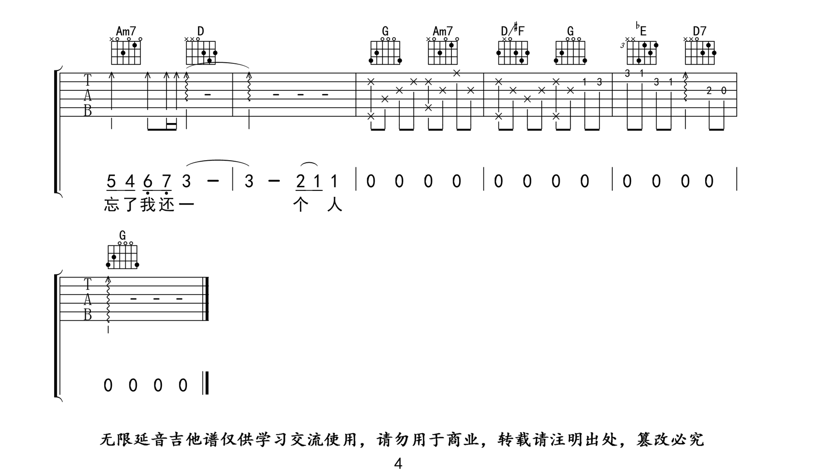 我不愿让你一个人吉他谱4-五月天-G调指法