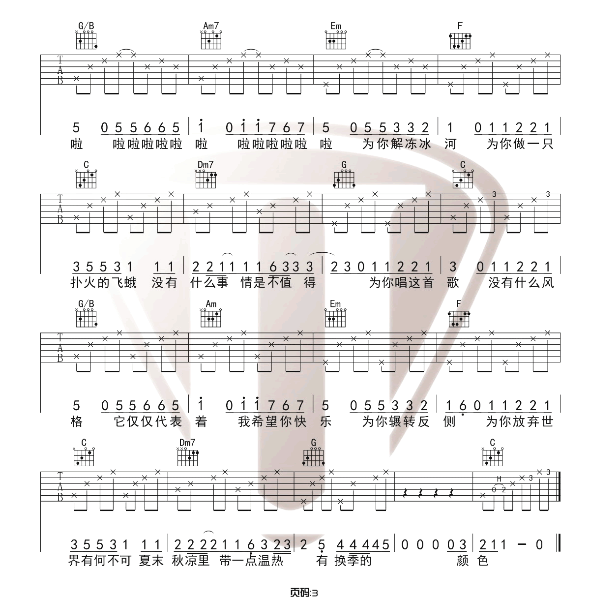 有何不可吉他谱3-许嵩-C调指法