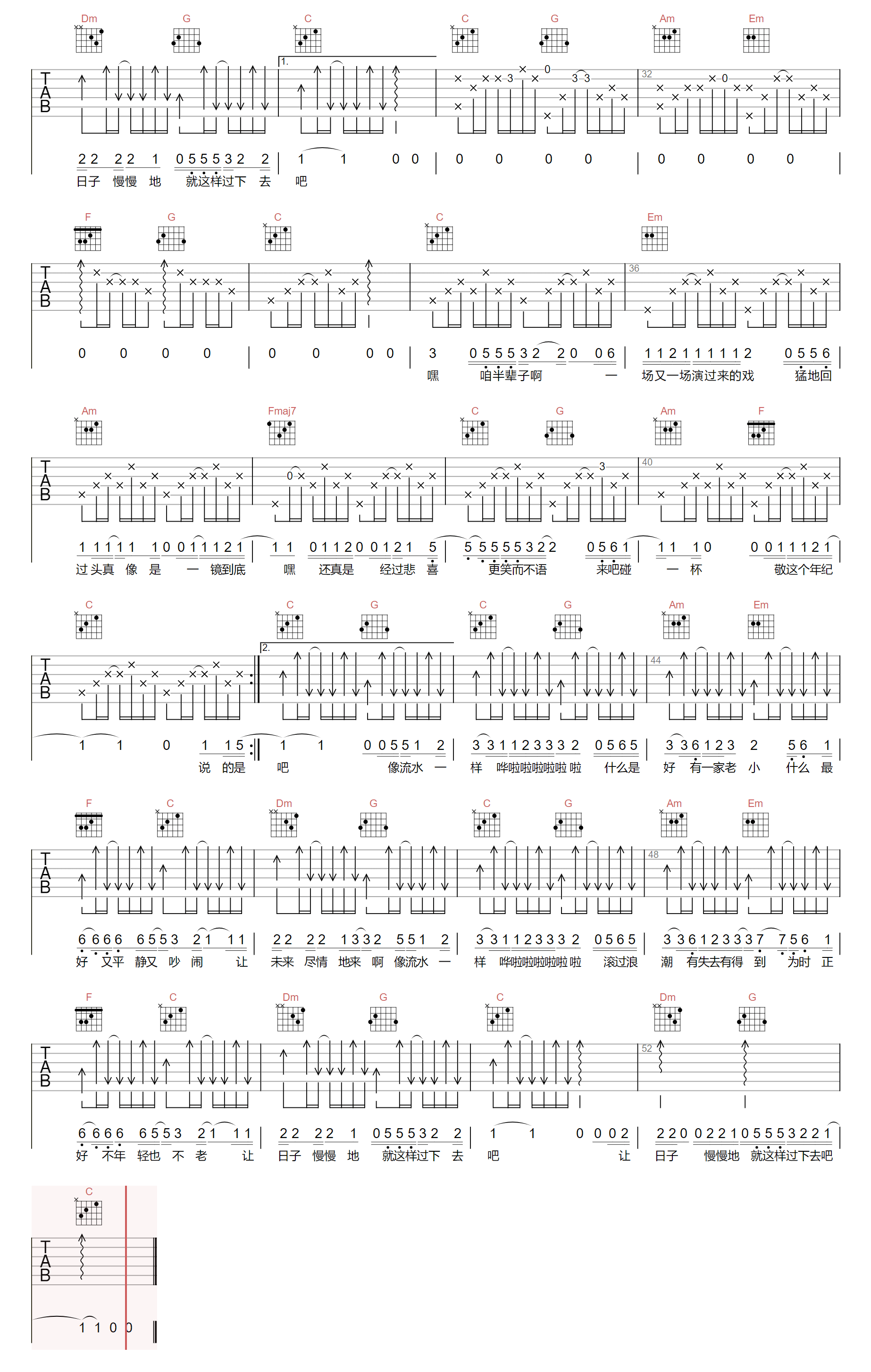 细水长流吉他谱2-刘德华-C调指法