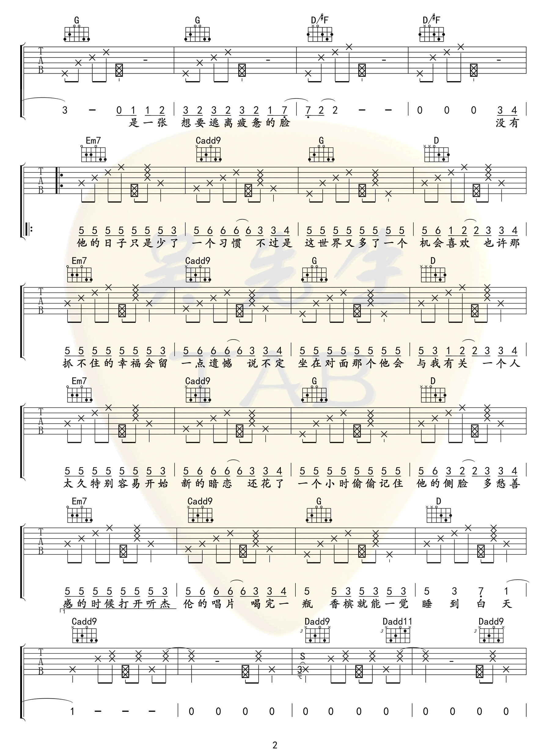 一个吉他谱2-陈壹千-G调指法