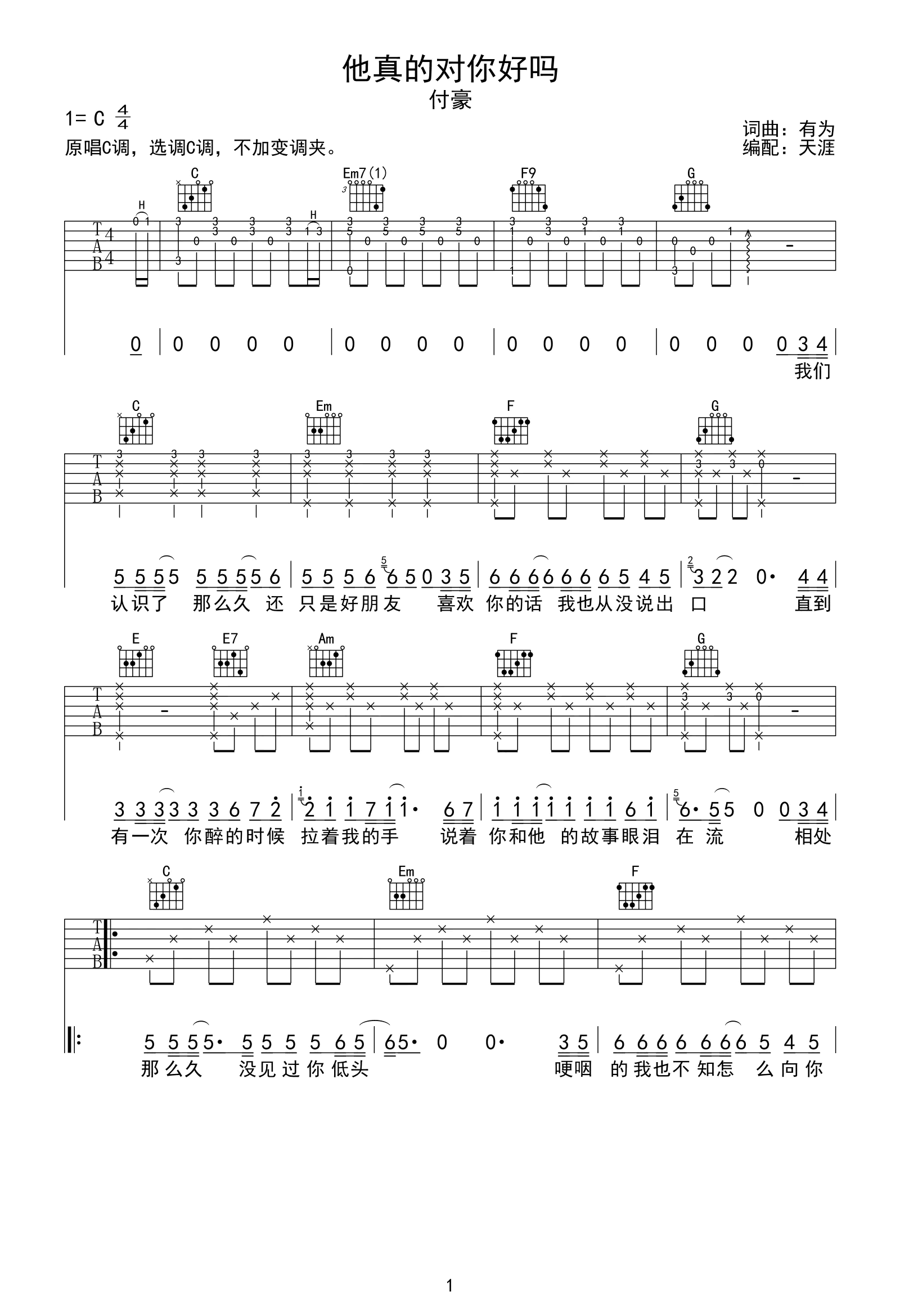 他真的对你好吗吉他谱1-付豪-C调指法