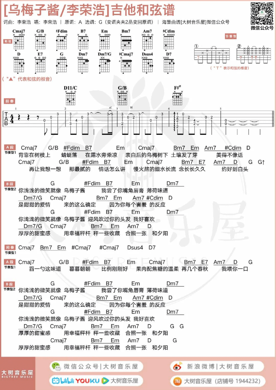 乌梅子酱吉他谱4-李荣浩-G调指法