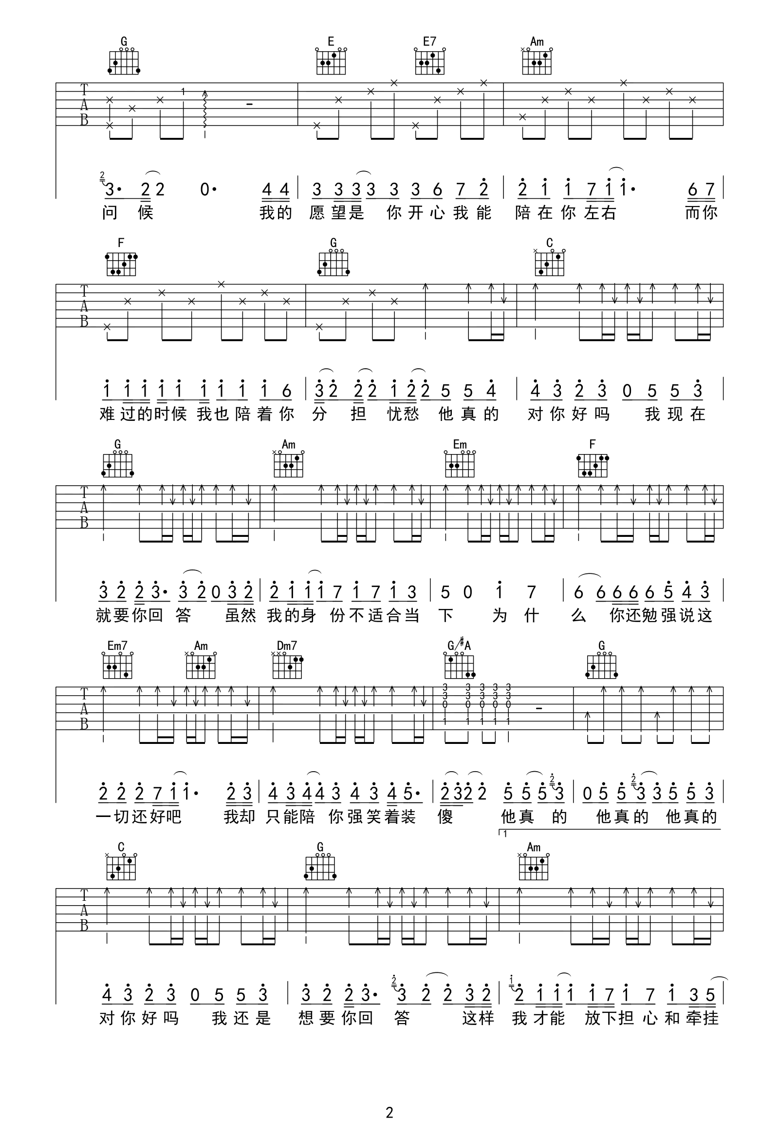 他真的对你好吗吉他谱2-付豪-C调指法