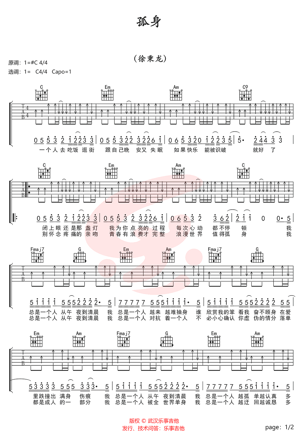 孤身吉他谱1-徐秉龙-C调指法
