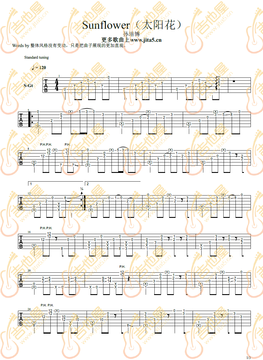 太阳花指弹吉他谱1-孙培博