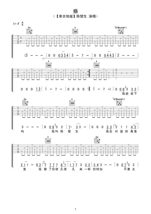 瘾吉他谱1-陈楚生-F调指法