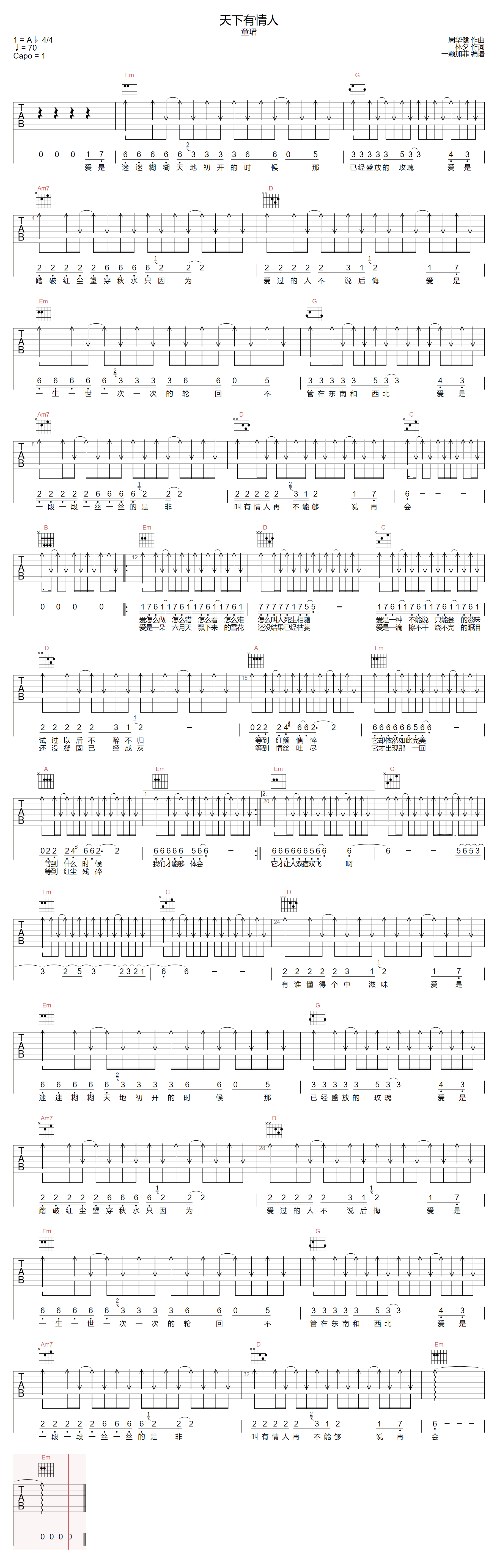 天下有情人吉他谱-童珺-G调指法