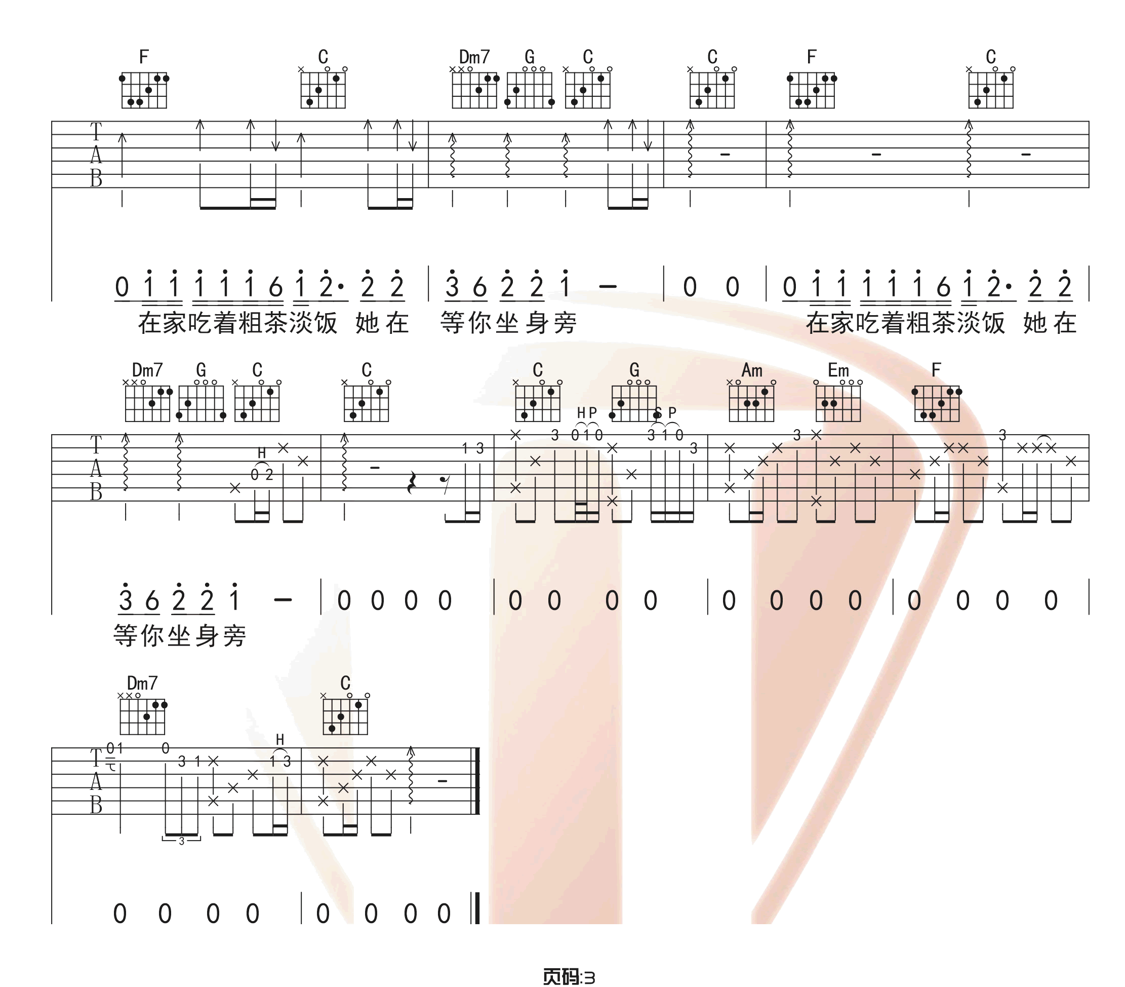 你的姑娘吉他谱3-隔壁老樊-C调指法