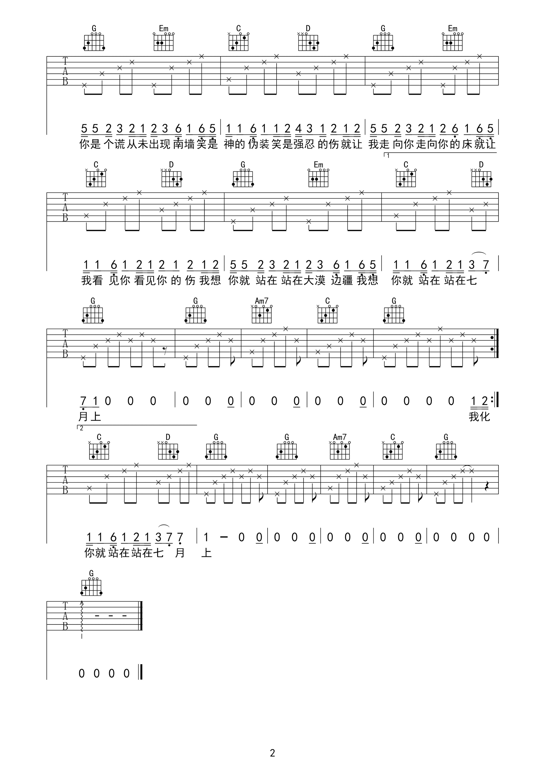 七月上吉他谱2-Jam-G调指法