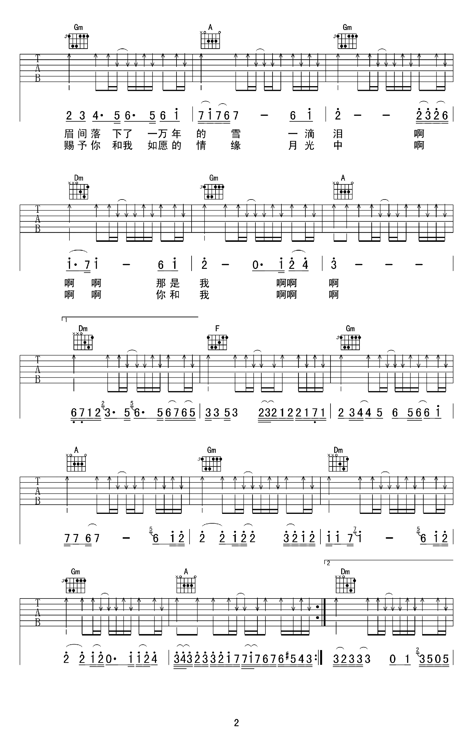 左手指月吉他谱2-萨顶顶-F调指法