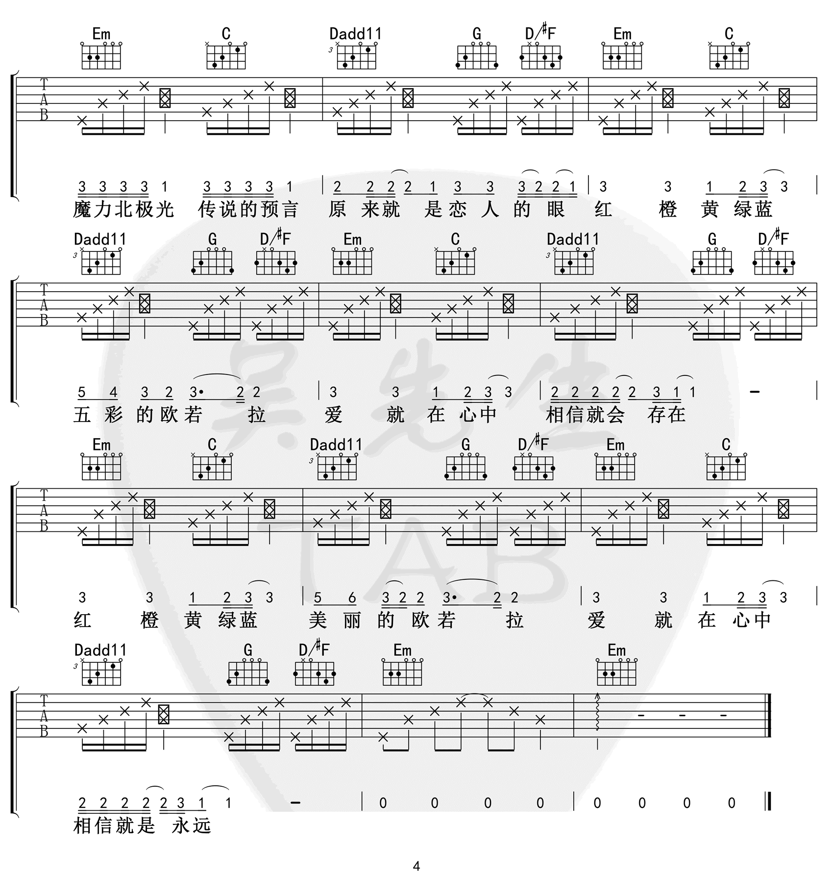 欧若拉吉他谱4-张韶涵-G调指法