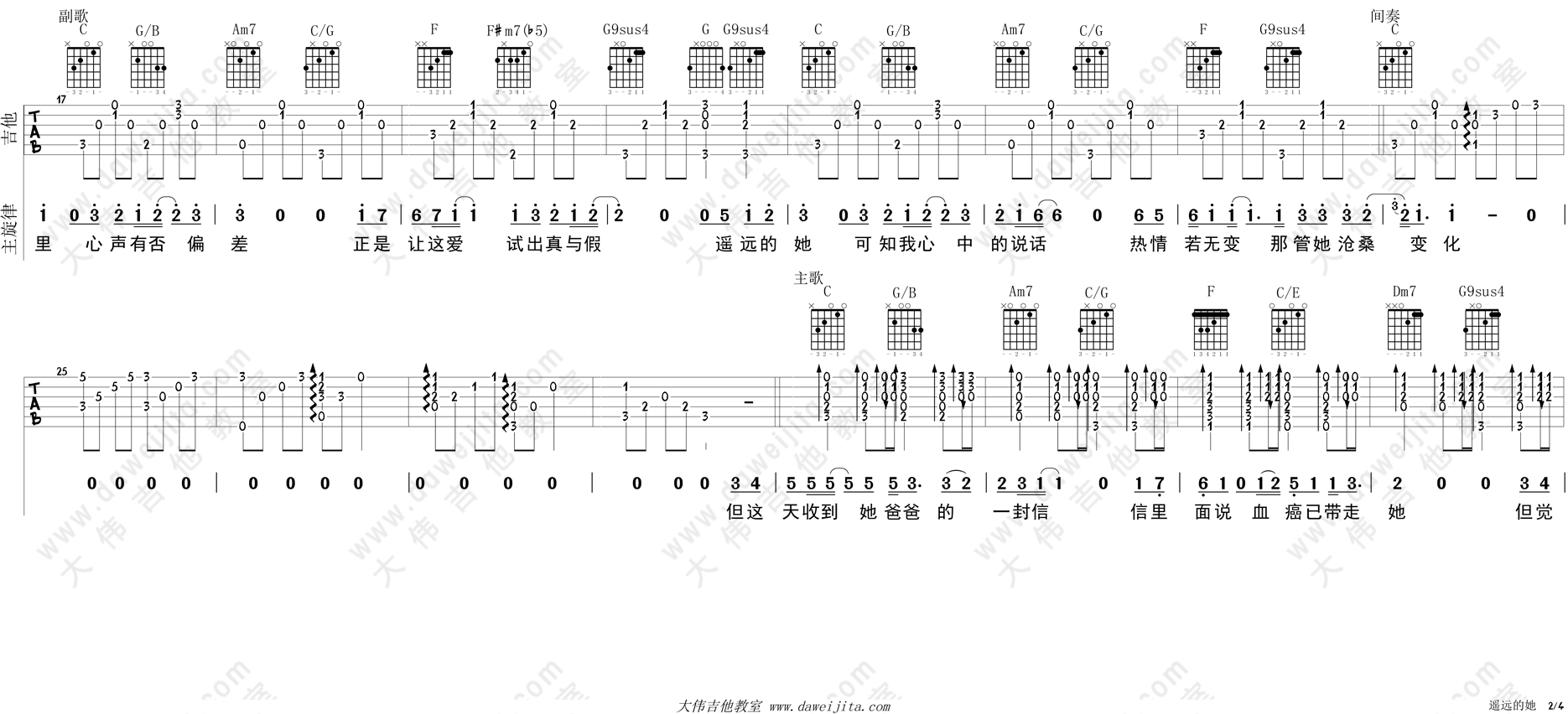 遥远的她吉他谱2-陈奕迅-C调指法