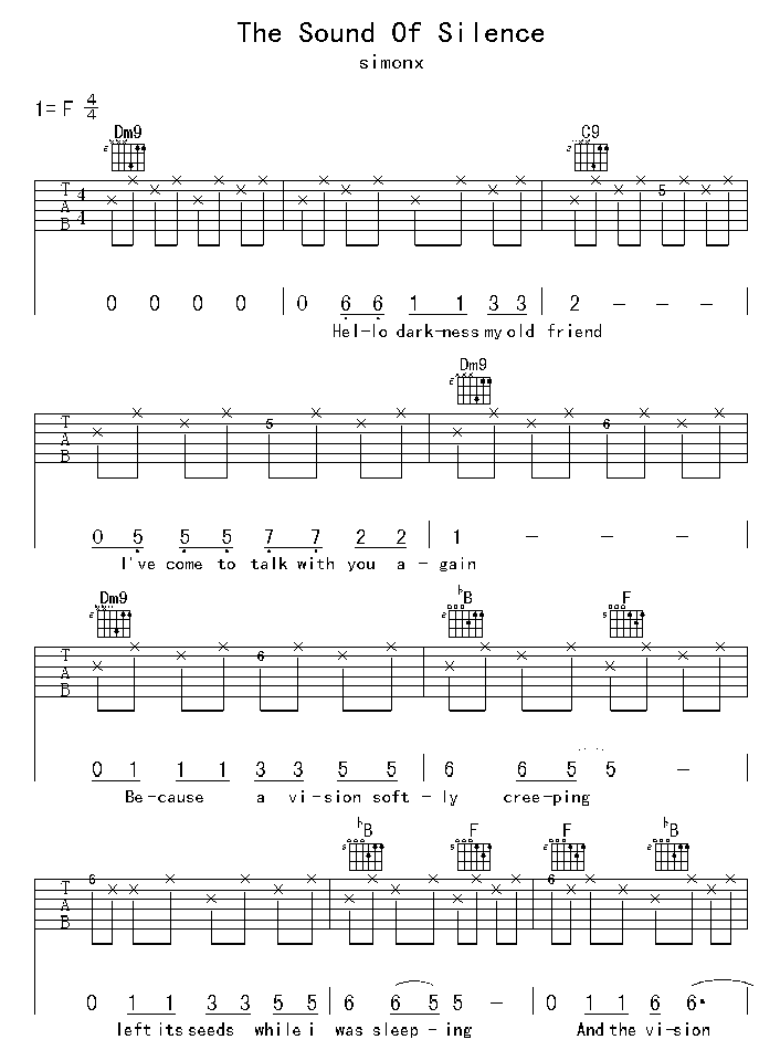 寂静之声吉他谱1-F调指法