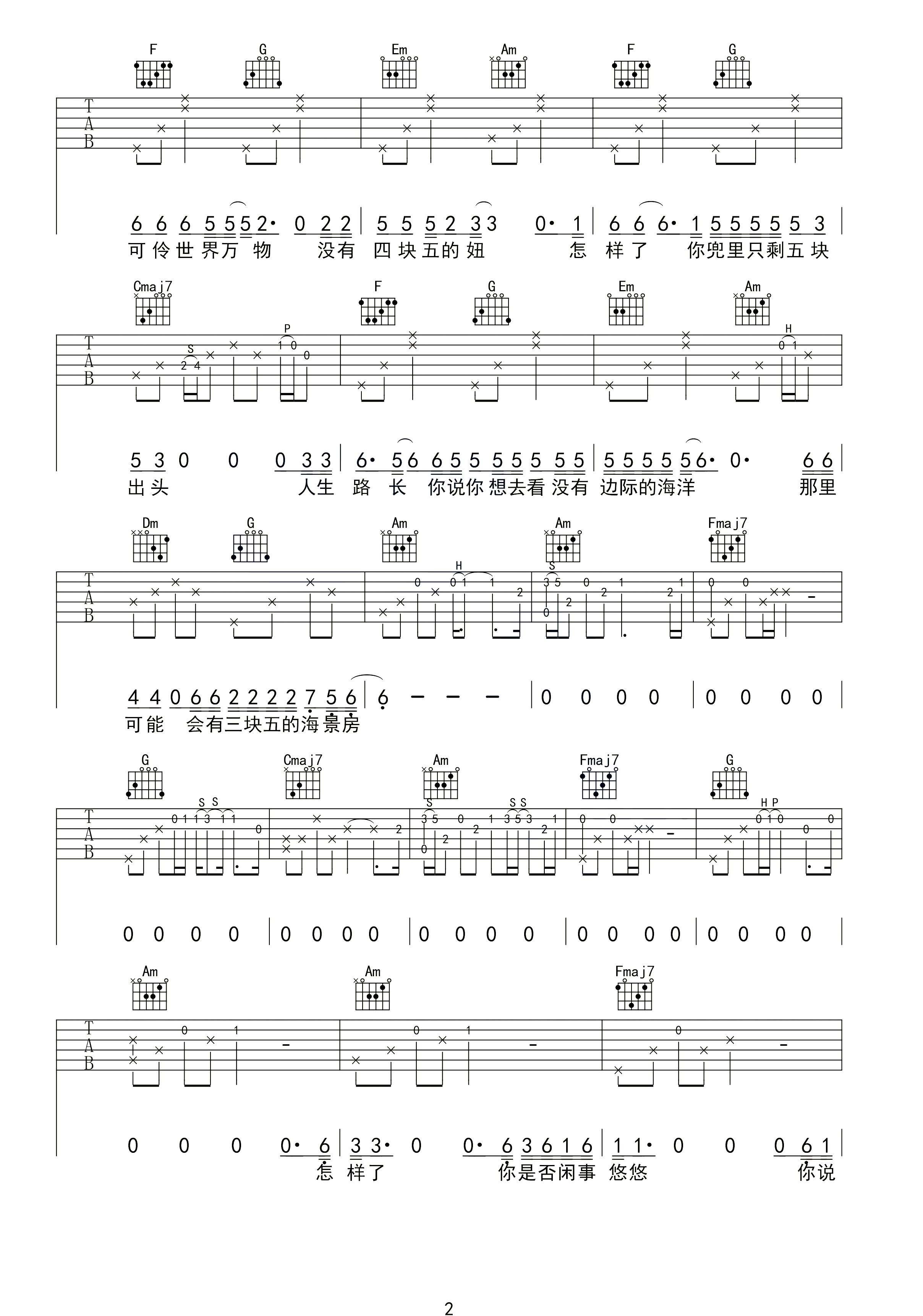 四块五吉他谱2-隔壁老樊-C调指法