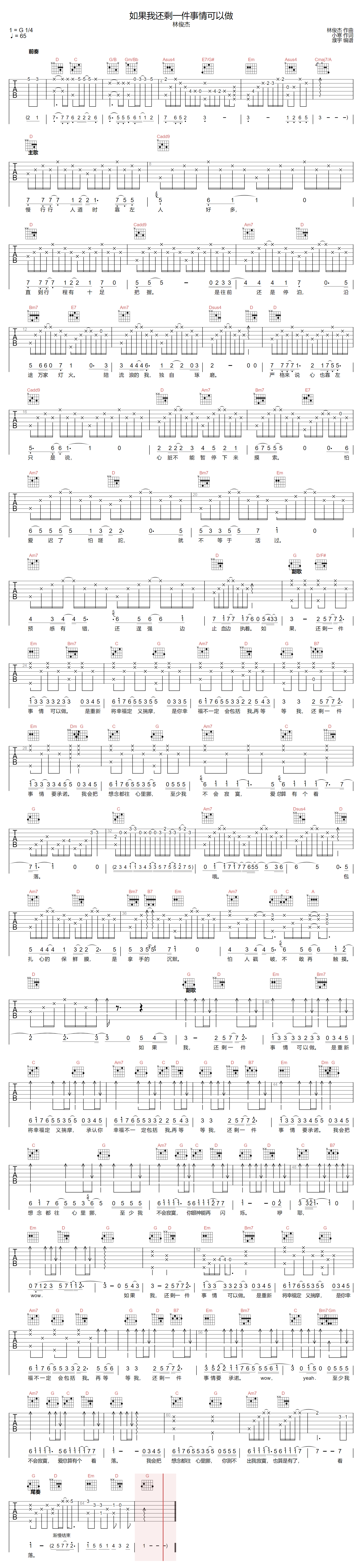 如果我还剩一件事情可以做吉他谱-林俊杰-G调指法