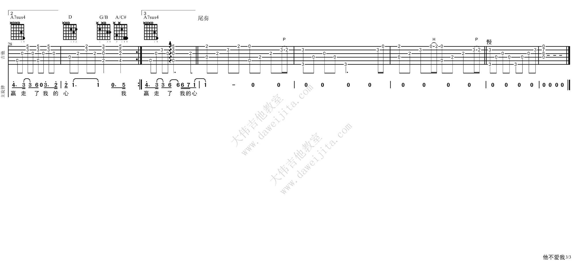他不爱我吉他谱3-莫文蔚-D调指法