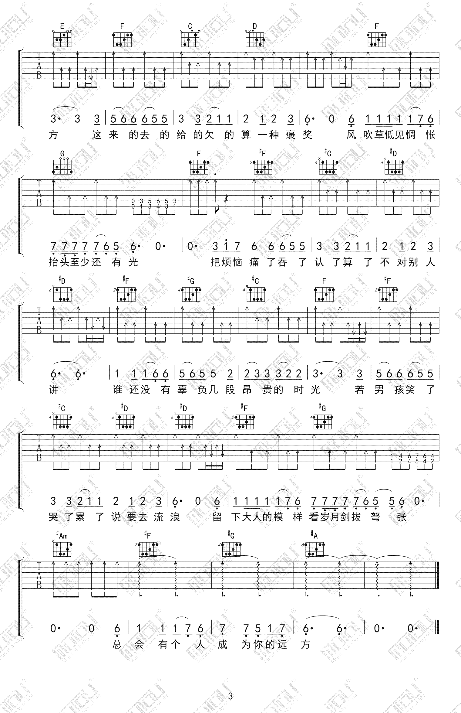 牧马城市吉他谱3-毛不易-C调指法