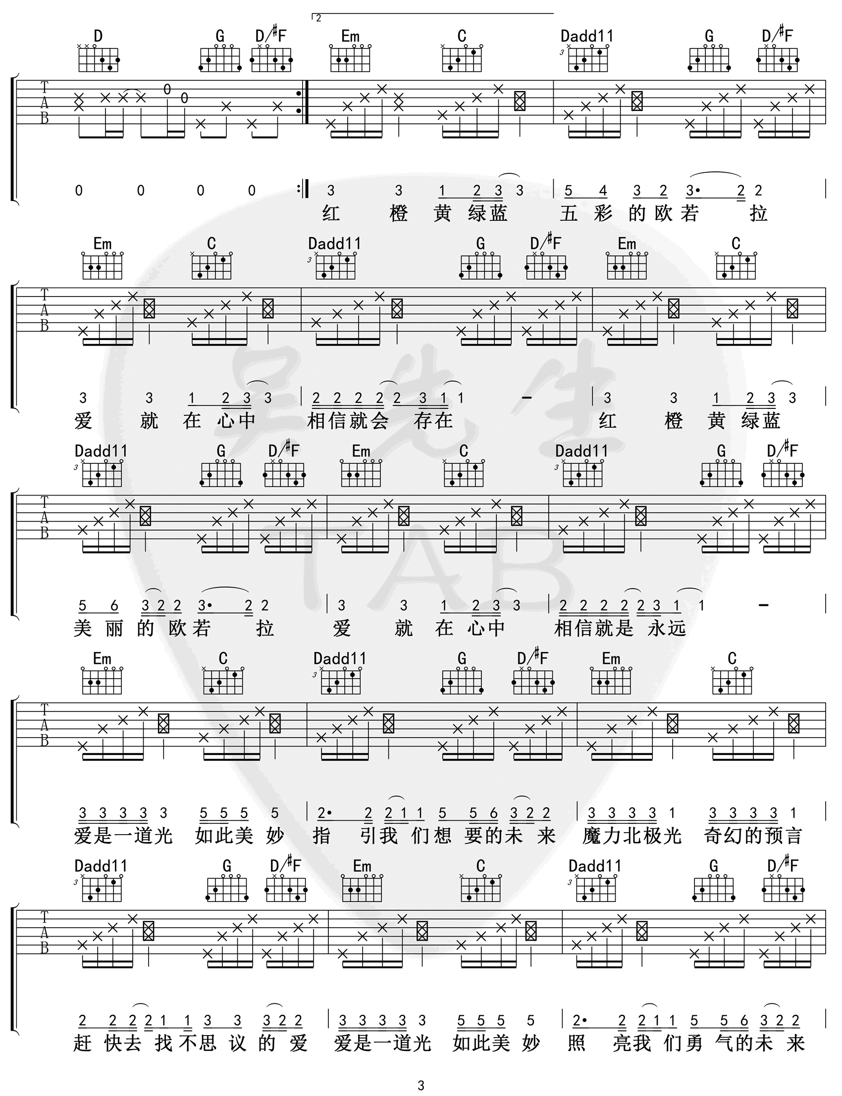 欧若拉吉他谱3-张韶涵-G调指法