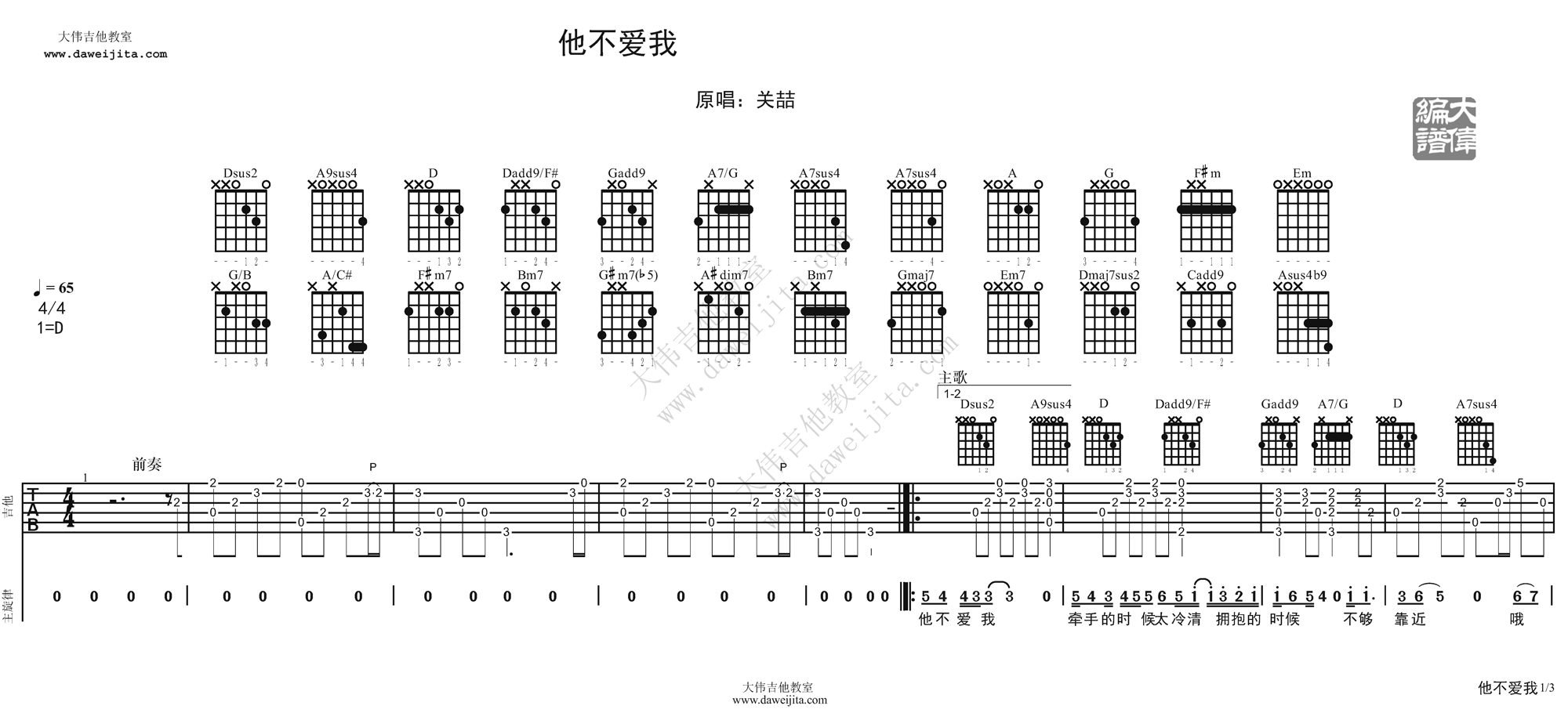 他不爱我吉他谱1-莫文蔚-D调指法